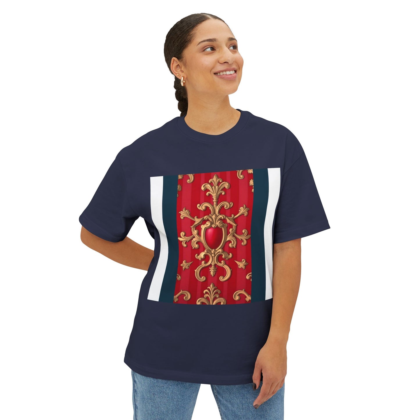Elegant Vintage Design Oversized Tee, Boho T-Shirt, Festival Top, Unique Gift, Trendy Casual Wear - Blue, Red & White Striped Baroque