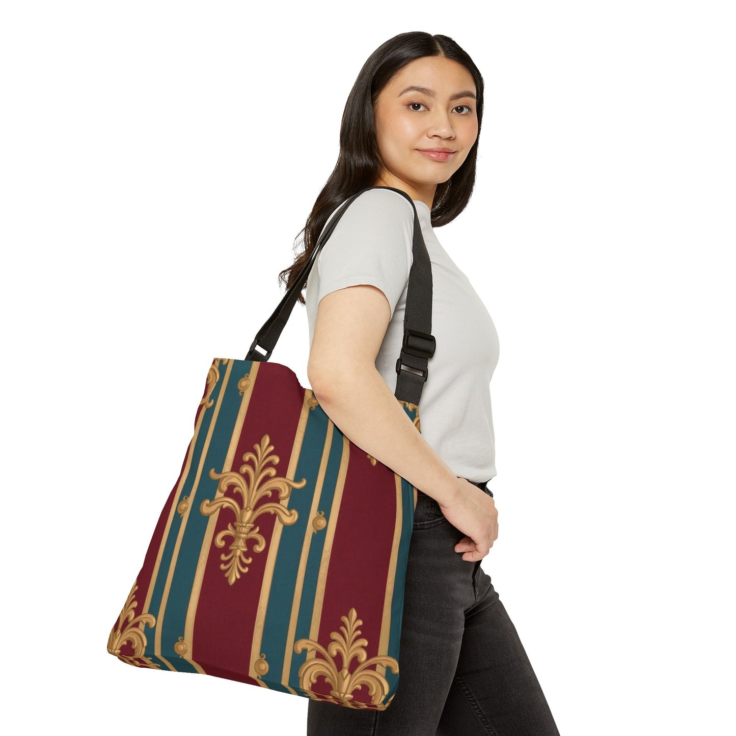Elegant Pattern Adjustable Tote Bag, Stylish Shoulder Bag, Unique Gift, Fashion Accessory, Everyday Use - Burgundy Striped Gold Baroque