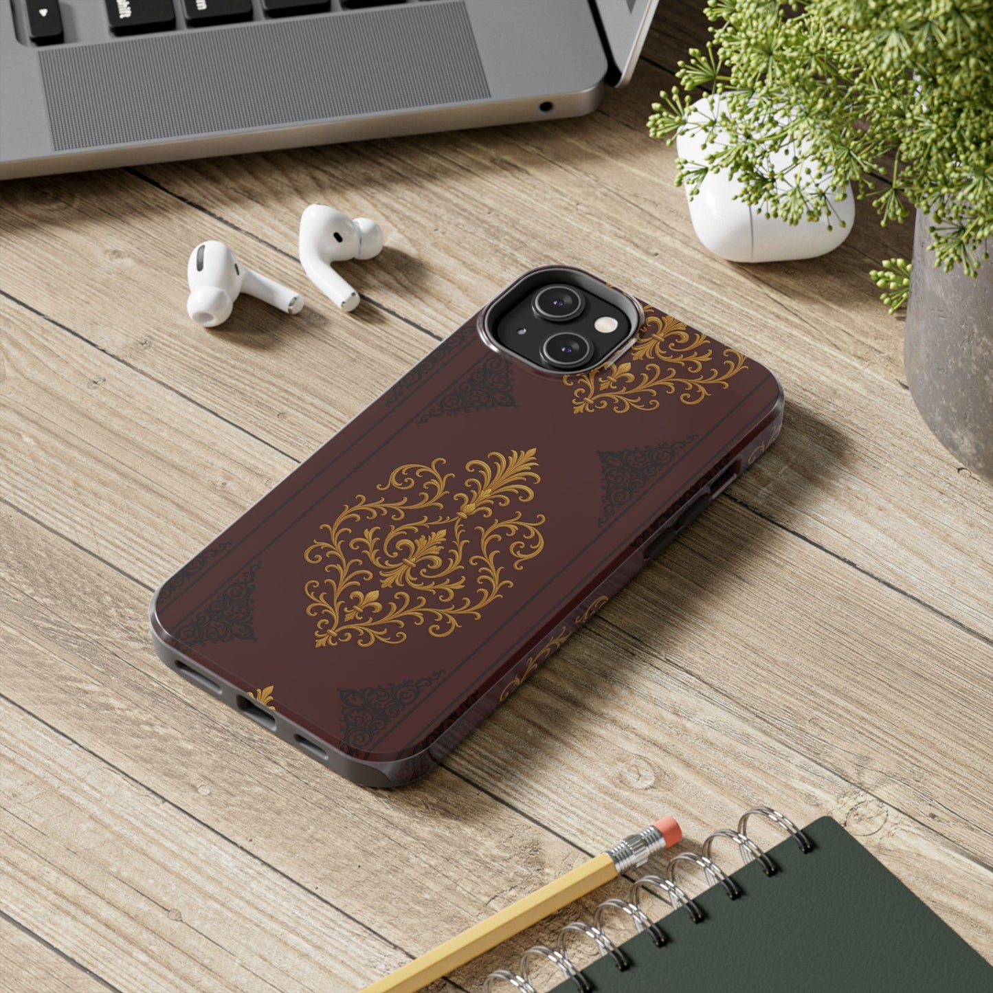 Dusk Burgundy-Black & Gold Baroque Tough Phone Case — Ornate Gold Baroque on Burgundy