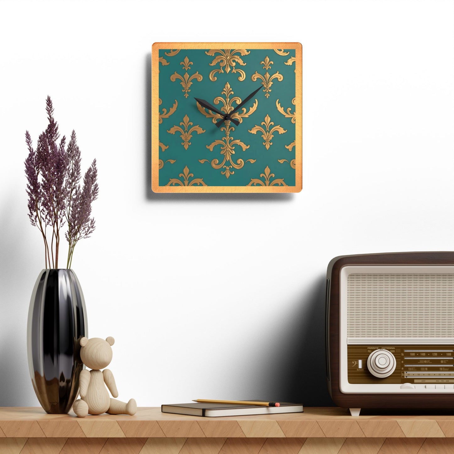 Bohemian Damask-Inspired Acrylic Wall Clock with Floral Design -  Aqua & Gold Design