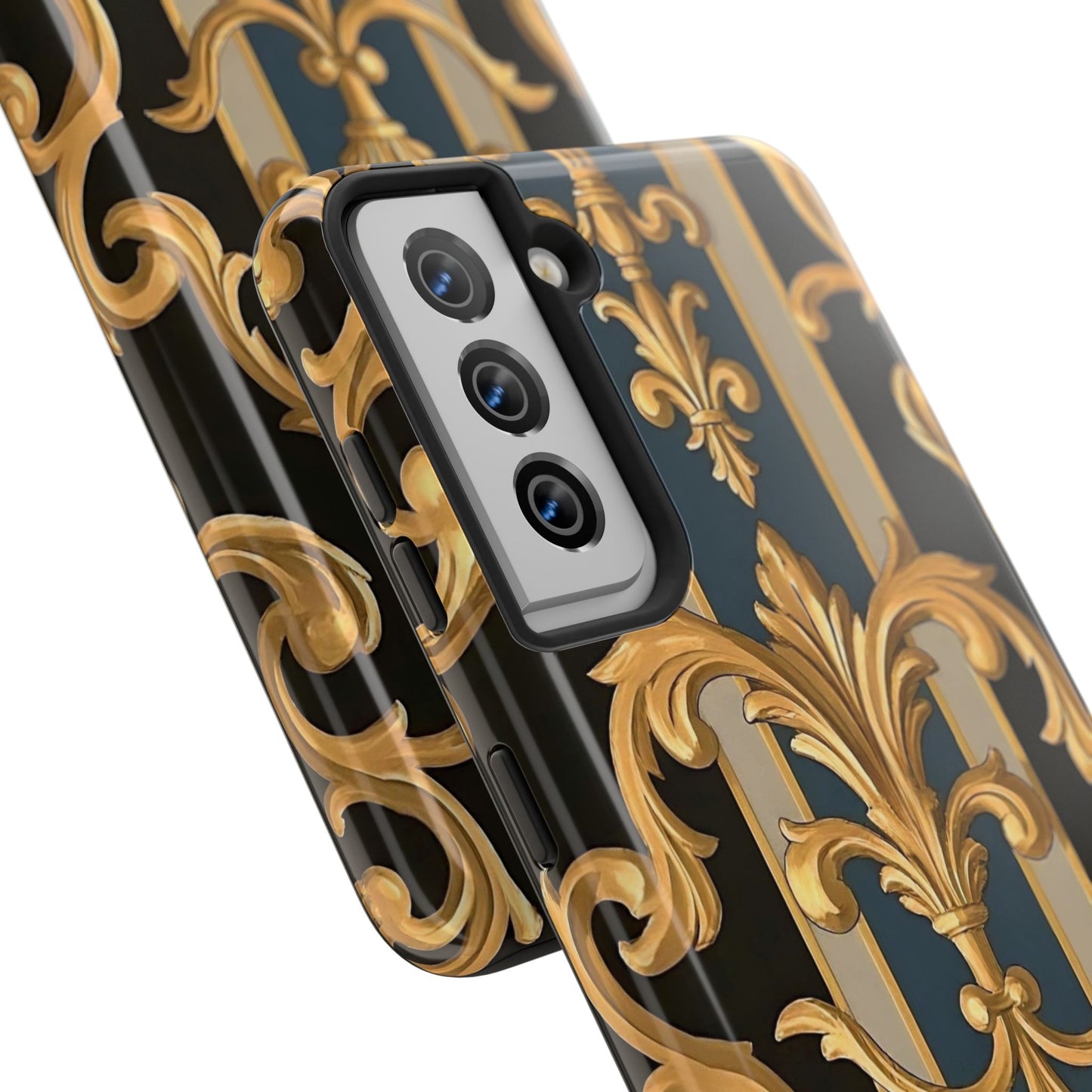 Elegant Rococo Phone Cases, Tough iPhone Case, Floral Design Case, Luxury Phone Cover - Blue & Black Striped Rococo