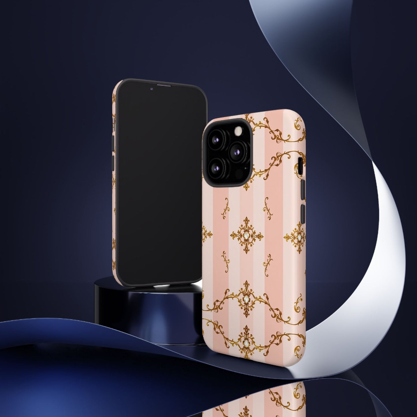 Elegant Floral Phone Case, Tough Cases for Women, Trendy Phone Cover, Chic Gift - Pink Jeweled Striped Gold Baroque