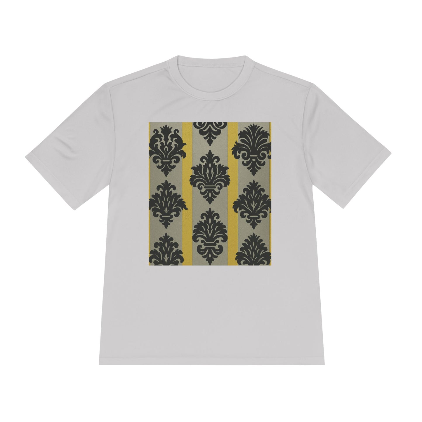 Elegant Patterned Unisex Moisture Wicking Tee, Activewear, Casual Tee, Gift for Him/Her, Stylish Sportswear - Silver & Gold Striped Black Baroque