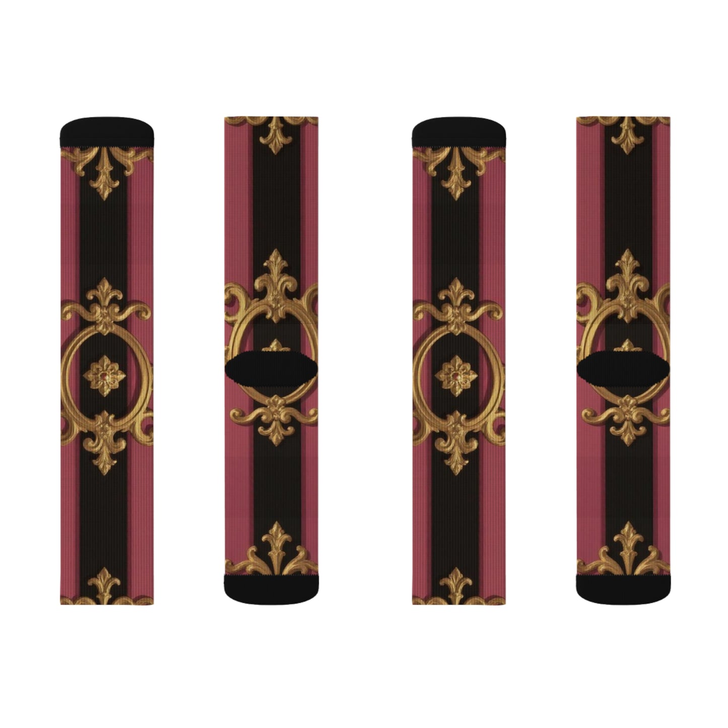 Stylish Sublimation Socks, Black & Mauve Striped Gold Baroque Fashion Socks, Unique Gift Socks, Cozy Home Socks, Trendy Footwear, Comfortable Dress Socks