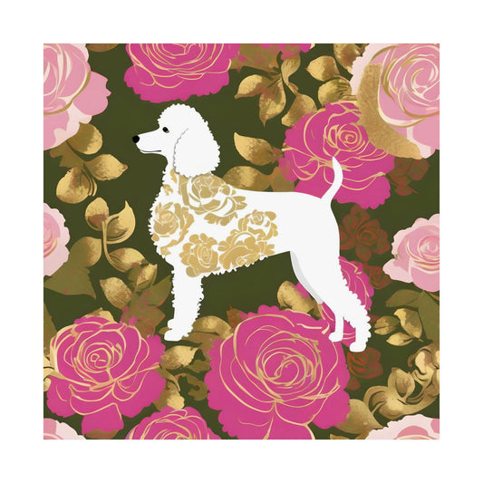 Vertical Poster - Elegant Matte Floral Art Wall Decor - Damask White Poodle and Pink Roses