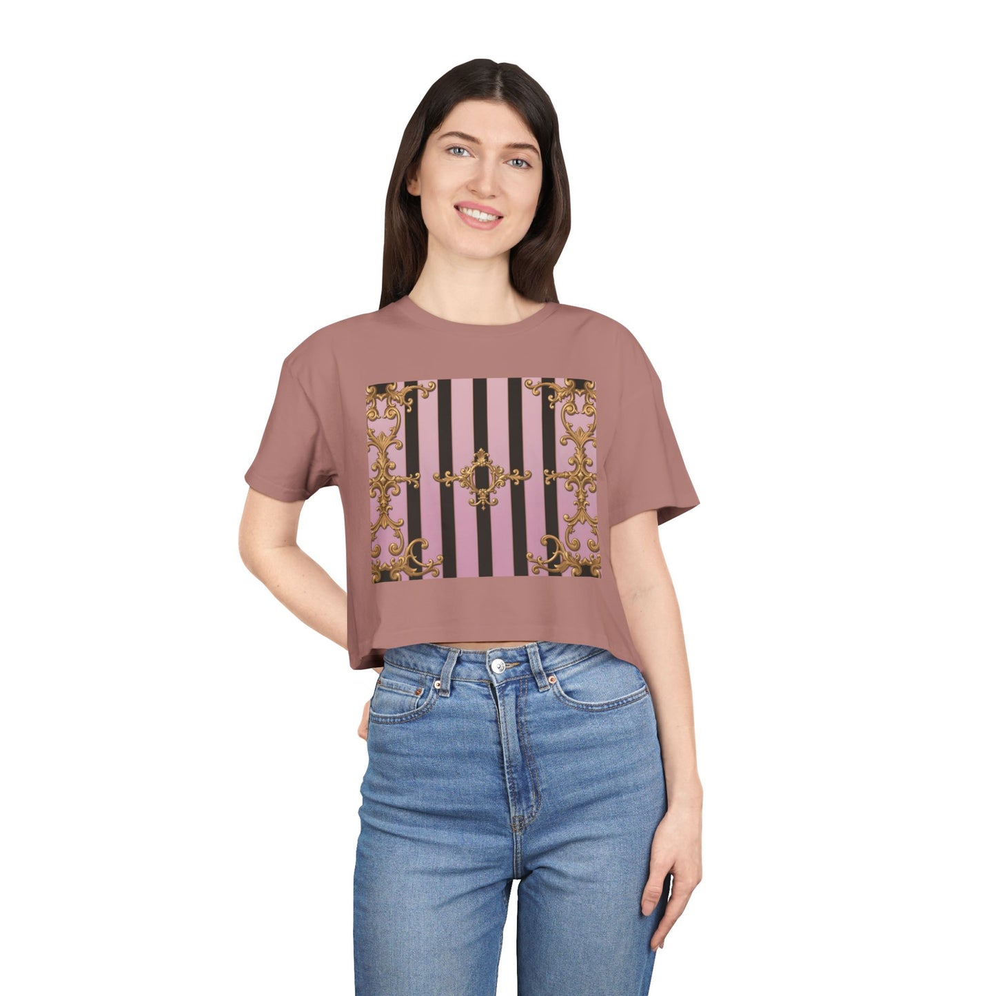 Chic Baroque Women's Crop Tee, Boho Style Top, Casual Summer Shirt, Trendy Gift for Her, Stylish Crop Top for Festivals & Everyday