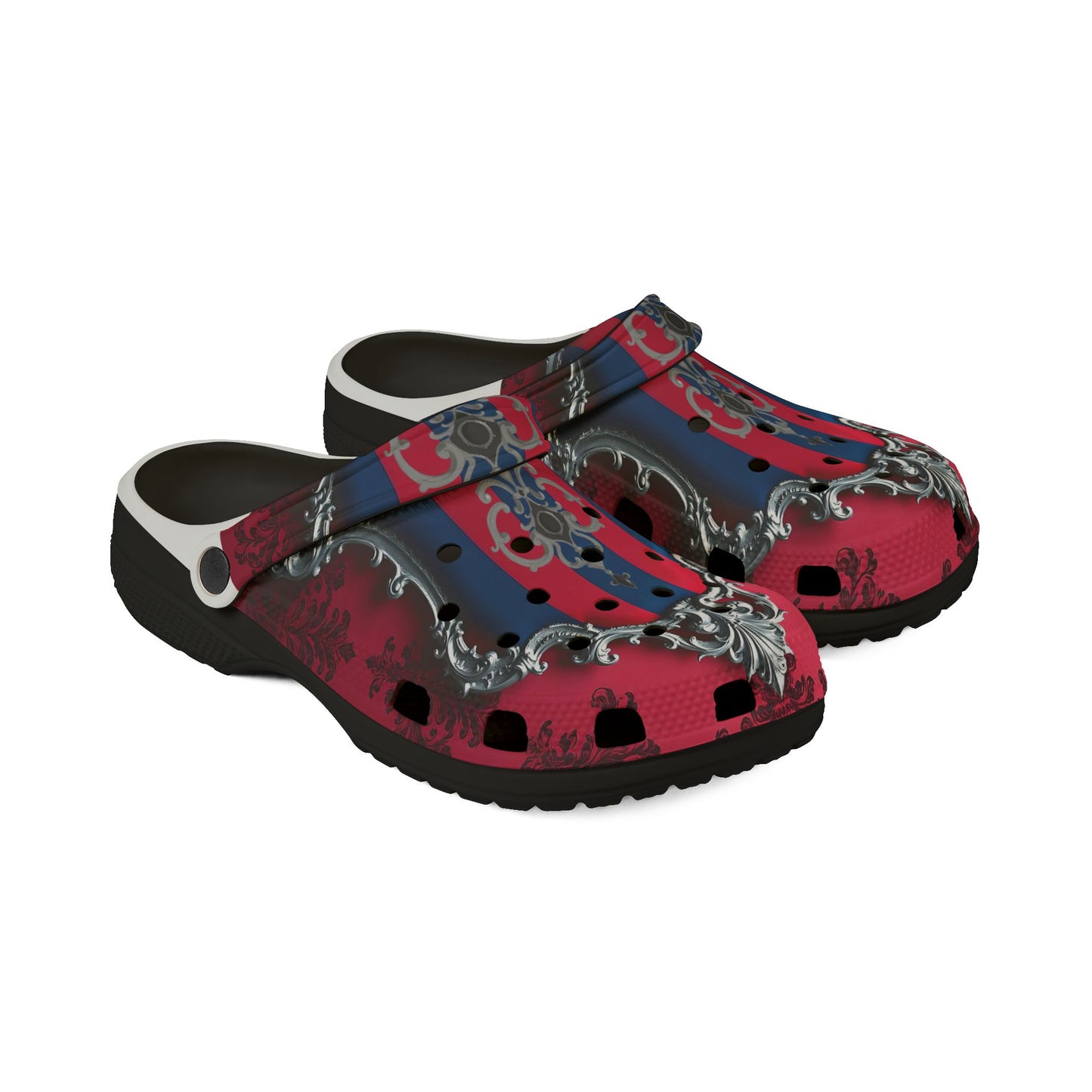 Stylish EVA Foam Rubber Clogs - Vibrant Floral Design, Comfortable Garden Footwear, Trendy Summer Shoes - Blue & Red Striped Silver Crest
