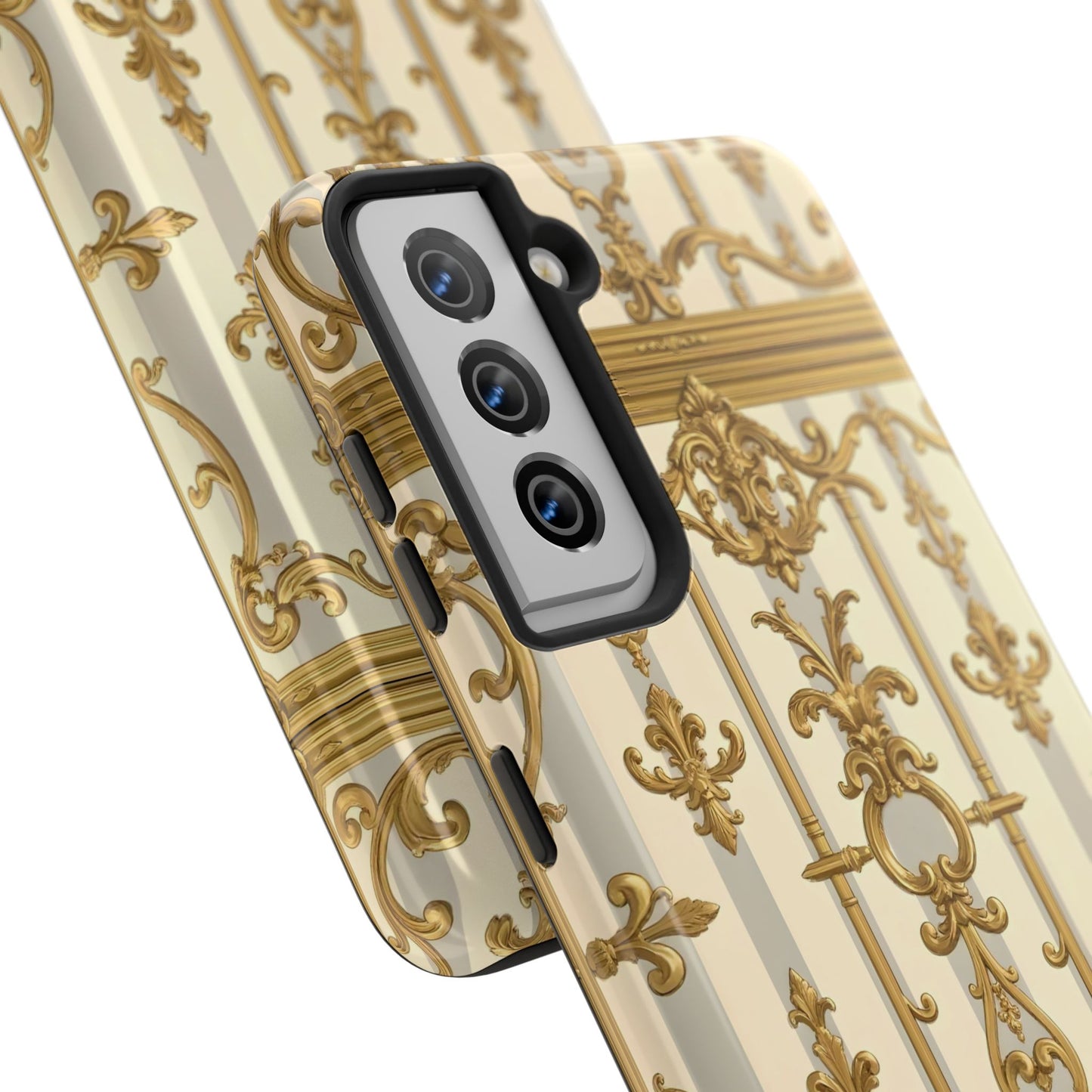 Elegant Gold Pattern Tough Phone Cases | Stylish Phone Covers, Trendy Cell Phone Accessories - Matte Gray & Cream Striped Gold Baroque