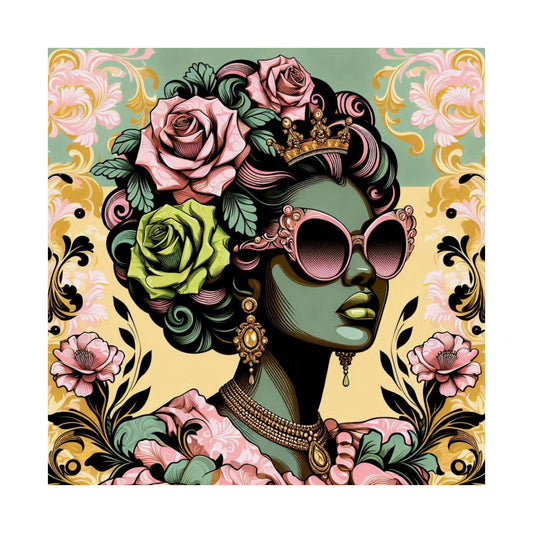 Floral Afro Art Poster - Elegant Matte Vertical Wall Decor - Mint Green Lady With Damask & Roses