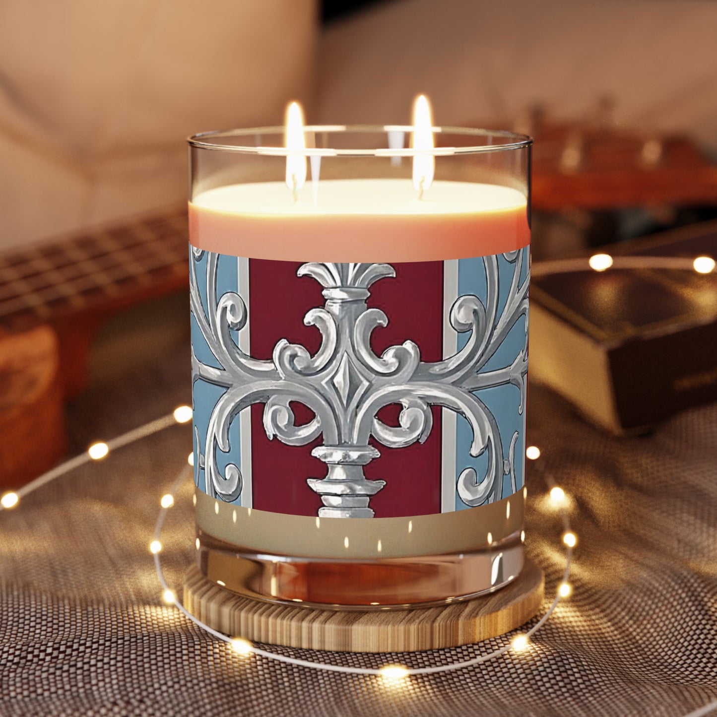 Elegant Aromatic Candle - Decorative Home Fragrance, Relaxation Gift, Wedding Decor - Ice Blue & Burgundy Striped Baroque
