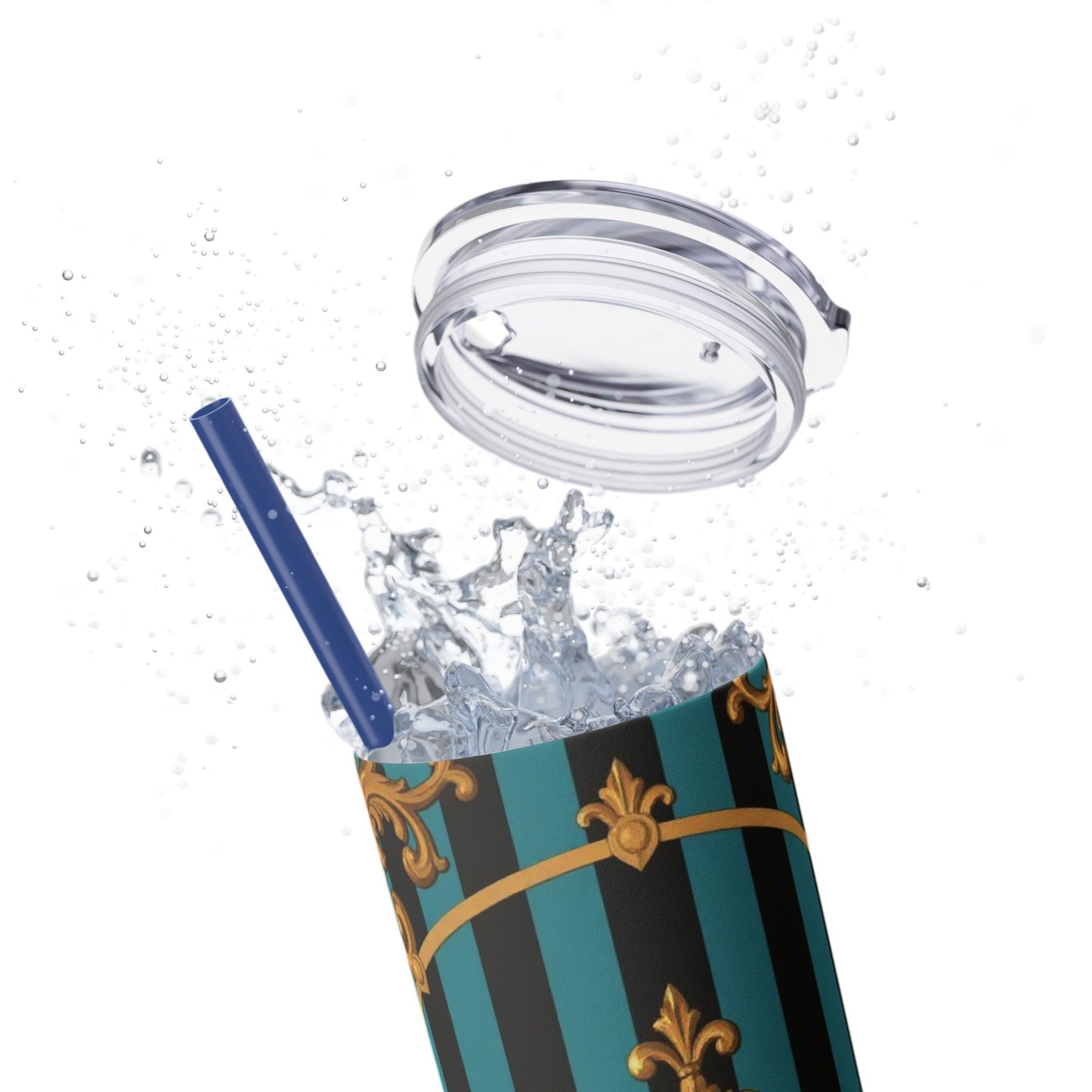 Elegant Turquoise & Black Striped Gold Baroque Skinny Tumbler with Straw, 20oz, Stylish Travel Mug, Party Favor, Birthday Gift, Drinkware