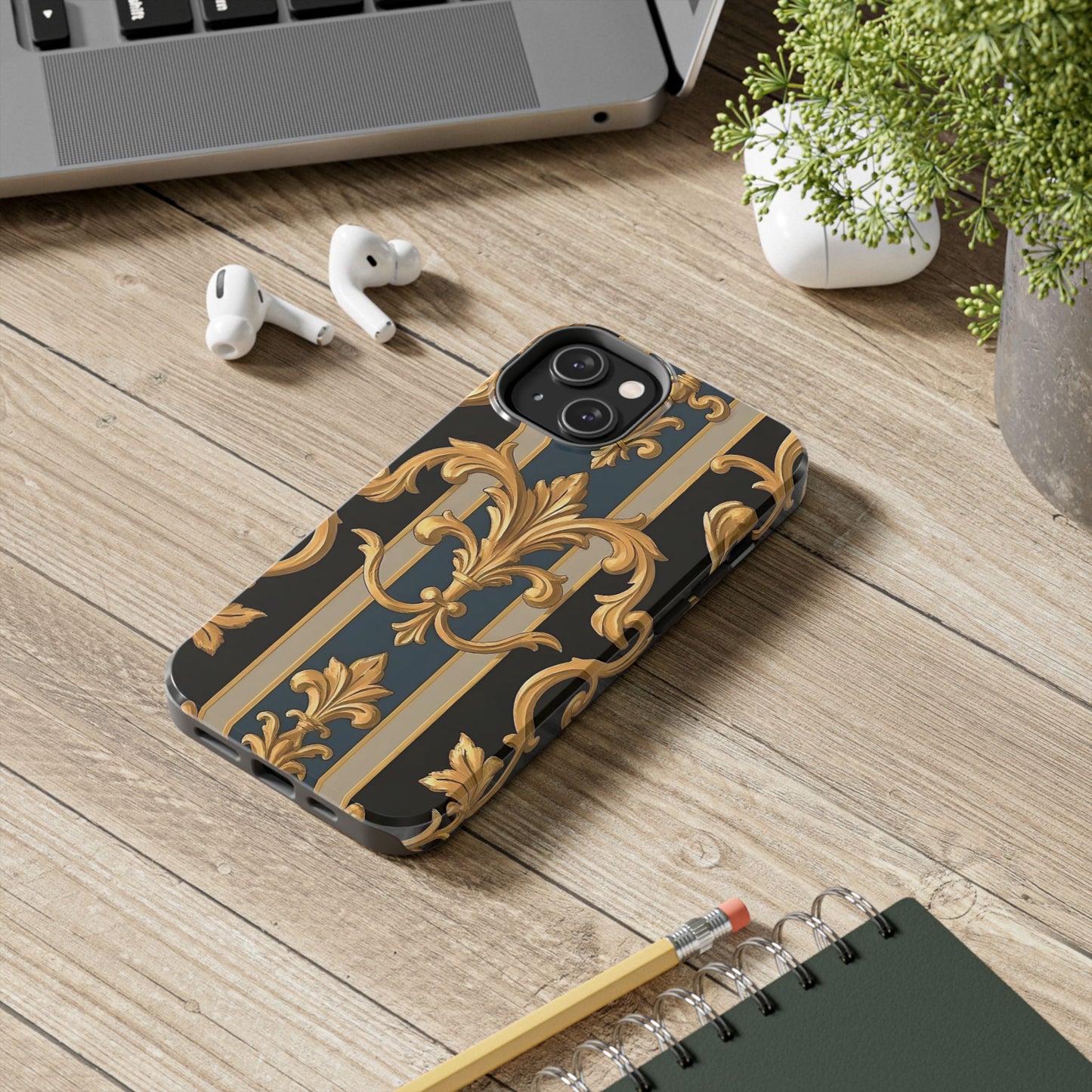 Elegant Rococo Phone Cases, Tough iPhone Case, Floral Design Case, Luxury Phone Cover - Blue & Black Striped Rococo