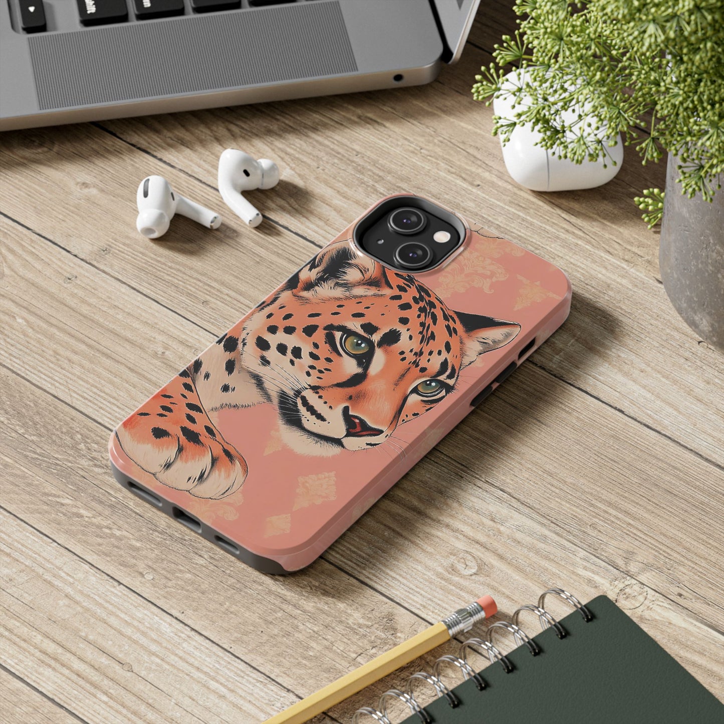 Leopard Tough Phone Case - Trendy Floral Motif Design for Animal Lovers - Peach Leopard & Damask
