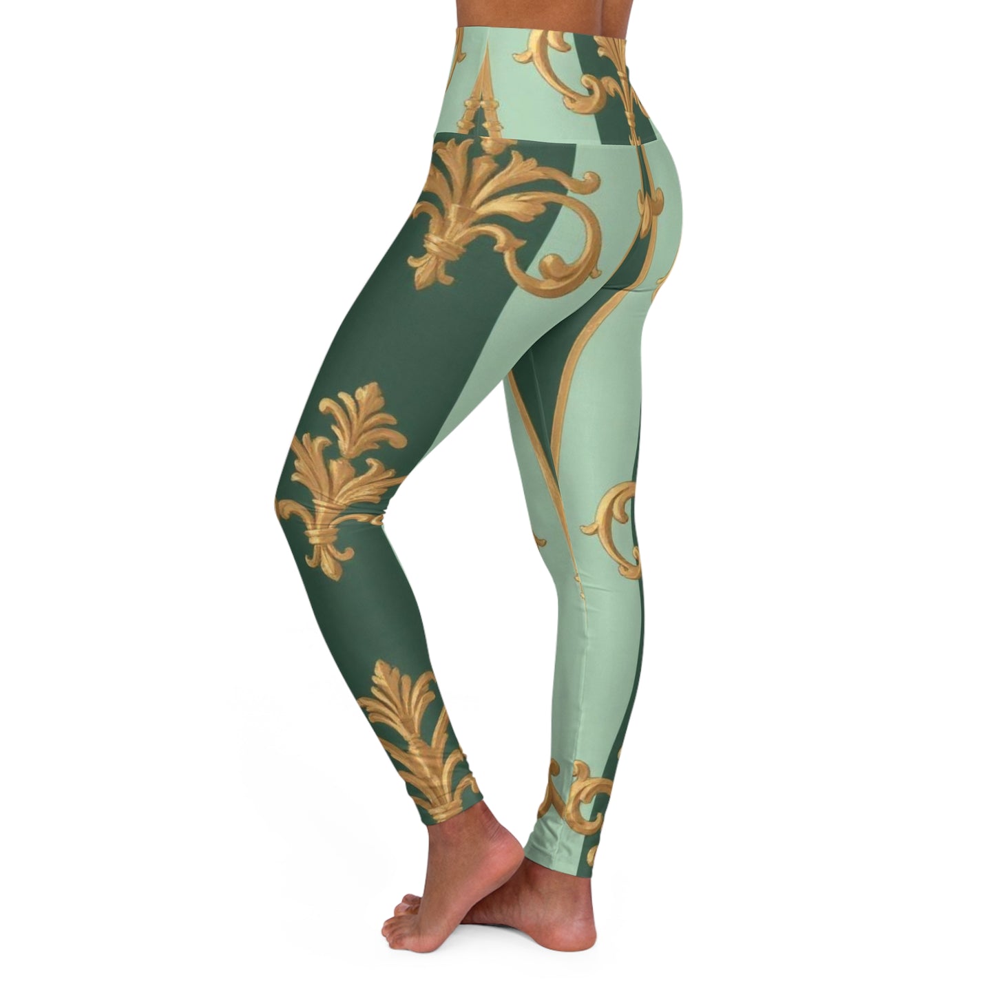 Chic High Waisted Yoga Leggings - Elegant Green Pattern, Workout, Athleisure, Fitness Fashion - Mint Green & Teal Striped Gold Baroque