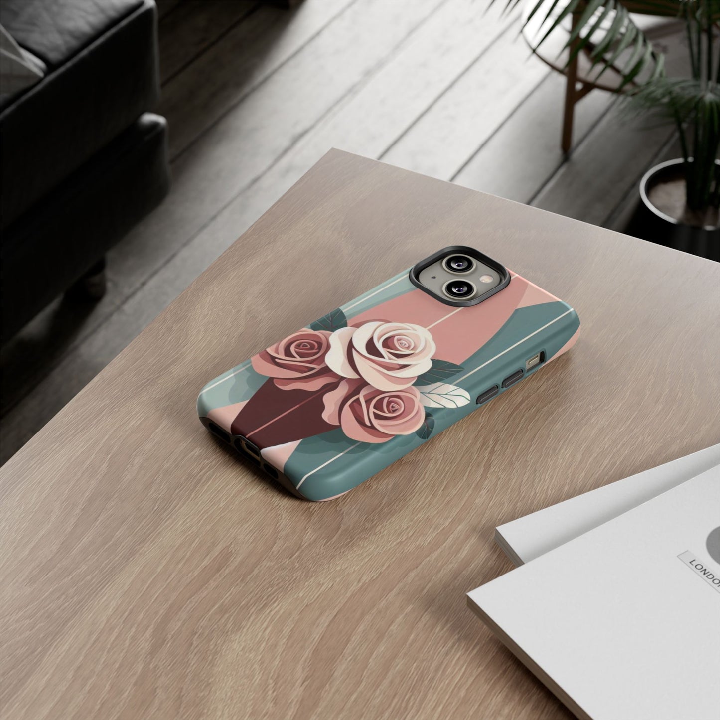 Phone Case - Burgundy, Matte Mauve & Teal Surfboard & Roses Design