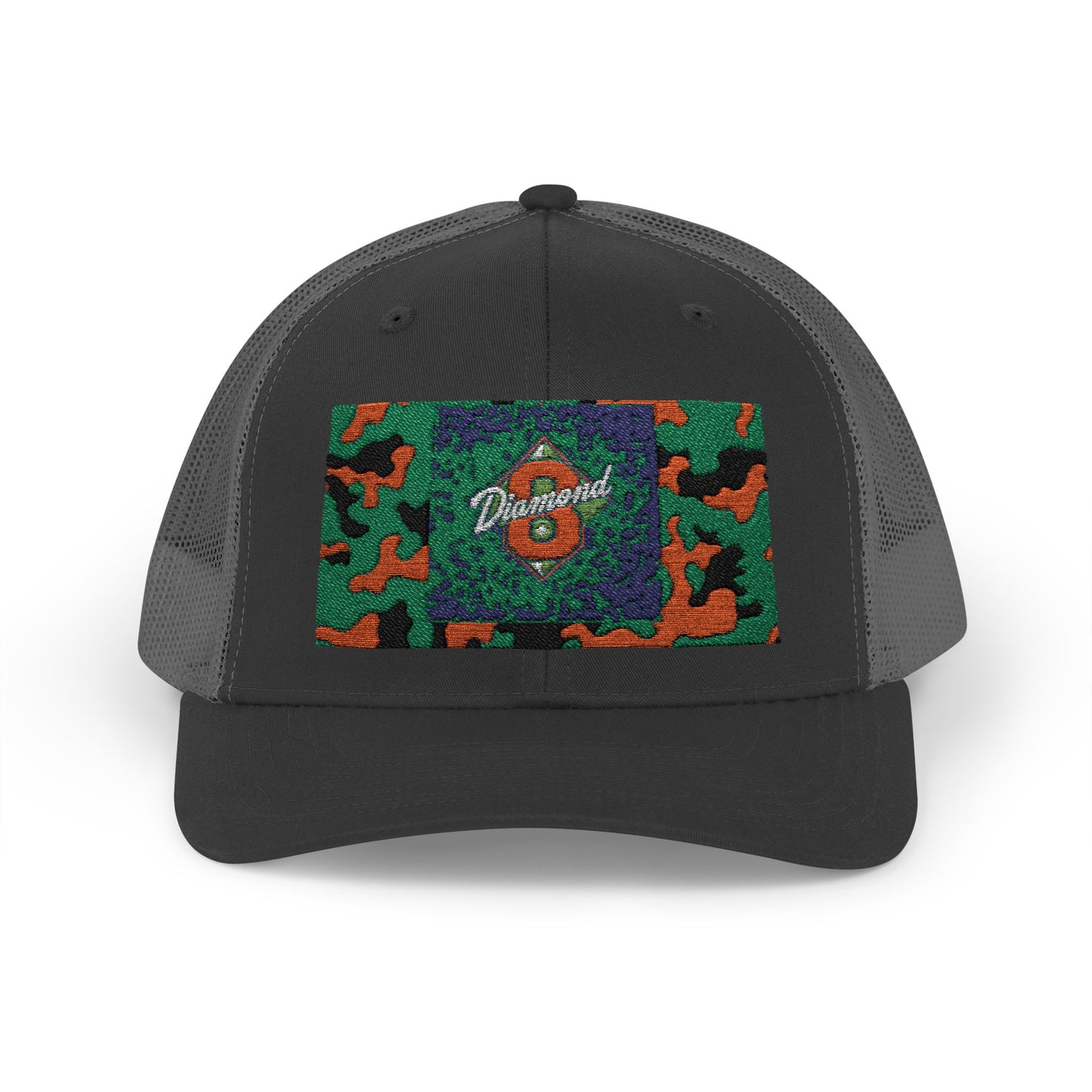 Colorful Camouflage Snapback Trucker Cap, Casual Hat, Outdoor Gear, Unisex Headwear, Gift for Him/Her - Green & Orange Camo Diamond 8
