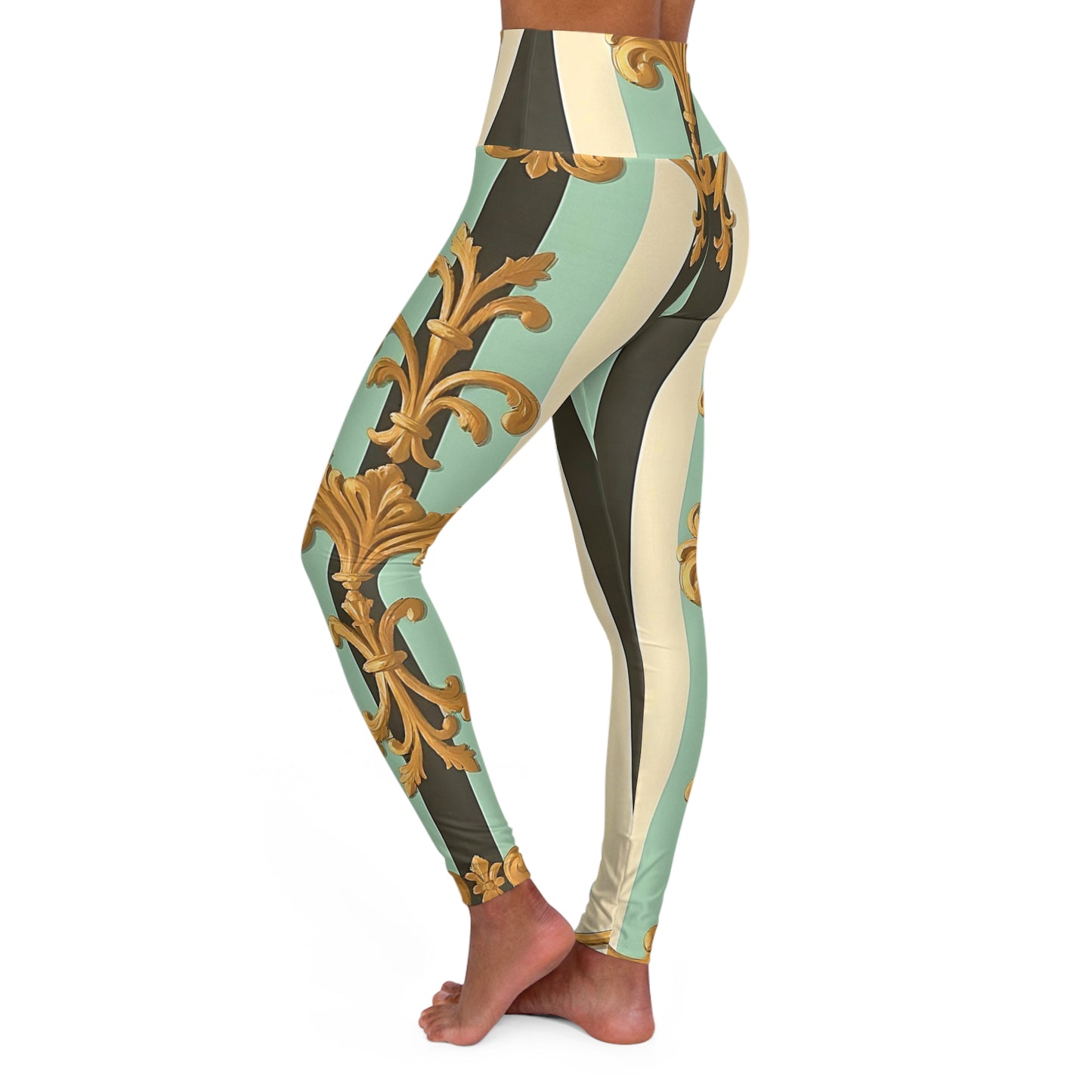 Chic High Waisted Yoga Leggings, Stylish Workout Tights, Fitness Apparel, Activewear for Yoga - Black & Matte Mint Striped Rococo