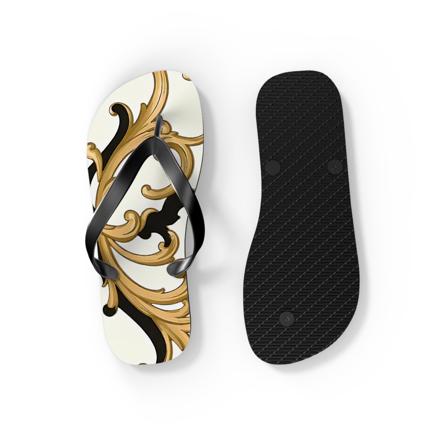 Elegant Floral Flip Flops, Beach Sandals, Summer Casual Footwear, Vacation Essentials, Poolside Accessories, Gift for Her - Black & Gold Rococo