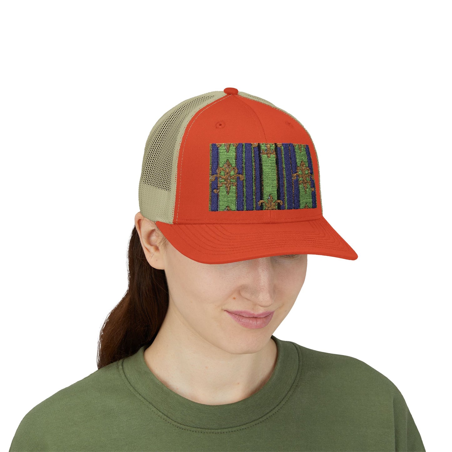 Vibrant Snapback Trucker Cap with Colorful Pattern, Baroque Hat for Festivals, Unisex Cap, Summer Accessory - Green Striped Gold Baroque