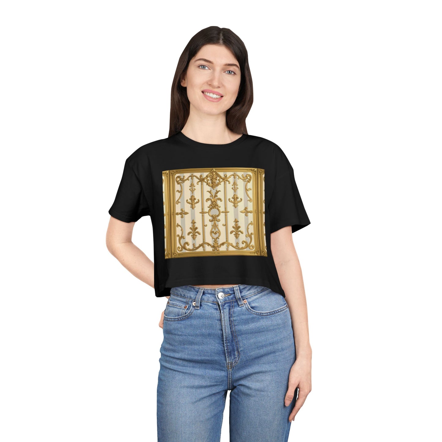 Elegant Vintage Women's Crop Tee, Stylish Oversized Top, Casual Summer Shirt, Trendy Women's Apparel - Matte Gray & Cream Striped Gold Baroque