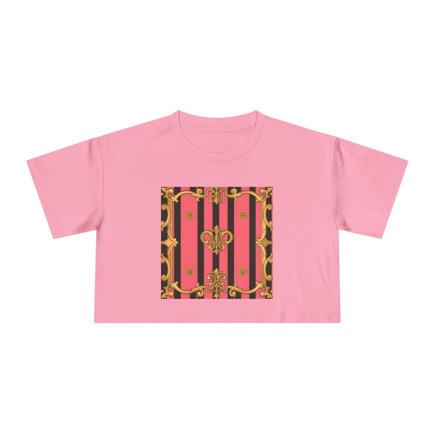 Chic Vintage-Inspired Women's Crop Tee, Stylish Summer Top, Trendy Fashion Tee, Baroque Casual Wear - Pink & Black Striped Gold Baroque