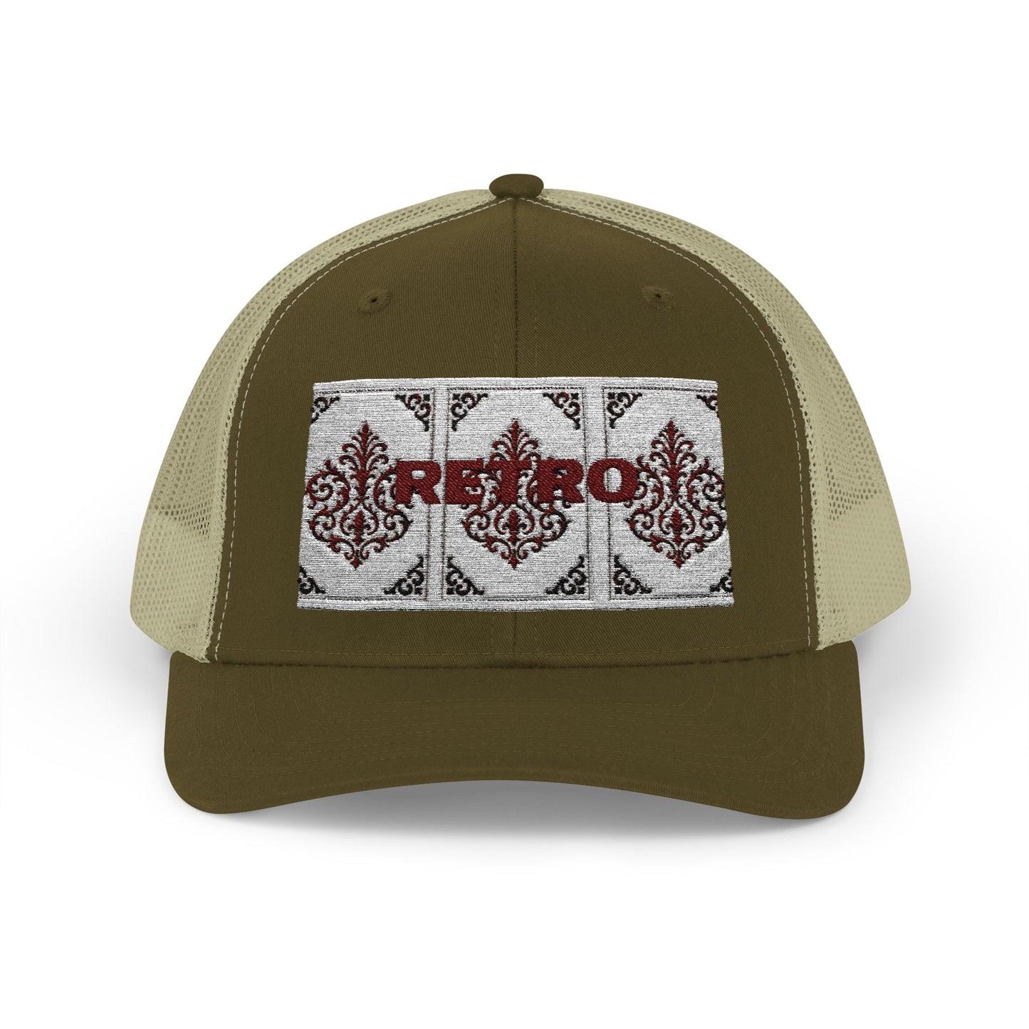 Retro Baroque Trucker Cap — Almond Beige & Brown Snapback