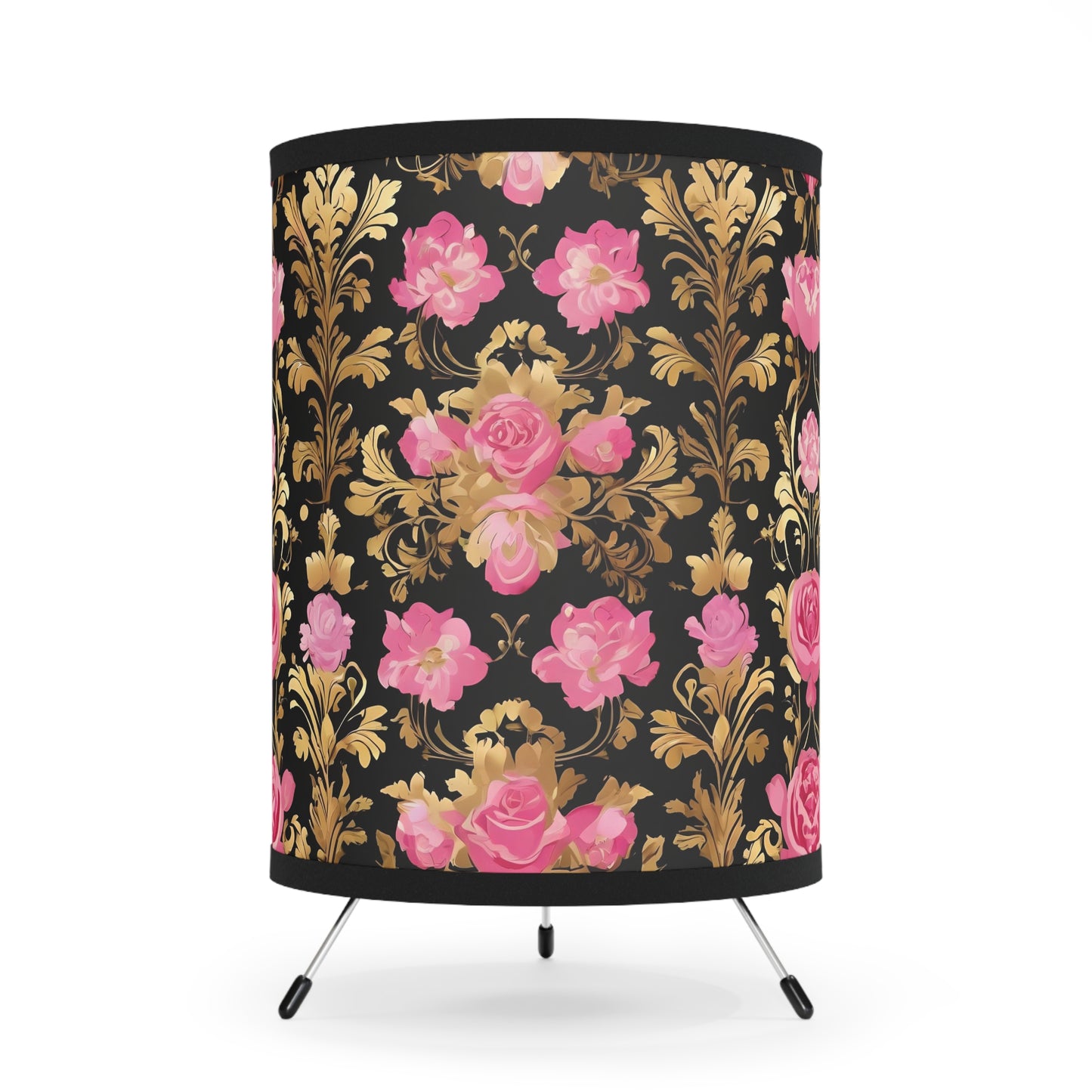 Elegant Tripod Lamp with Vintage Floral Print Shade - High-Res Home Accent - Pink & Gold Roses
