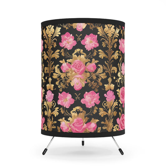 Elegant Tripod Lamp with Vintage Floral Print Shade - High-Res Home Accent - Pink & Gold Roses