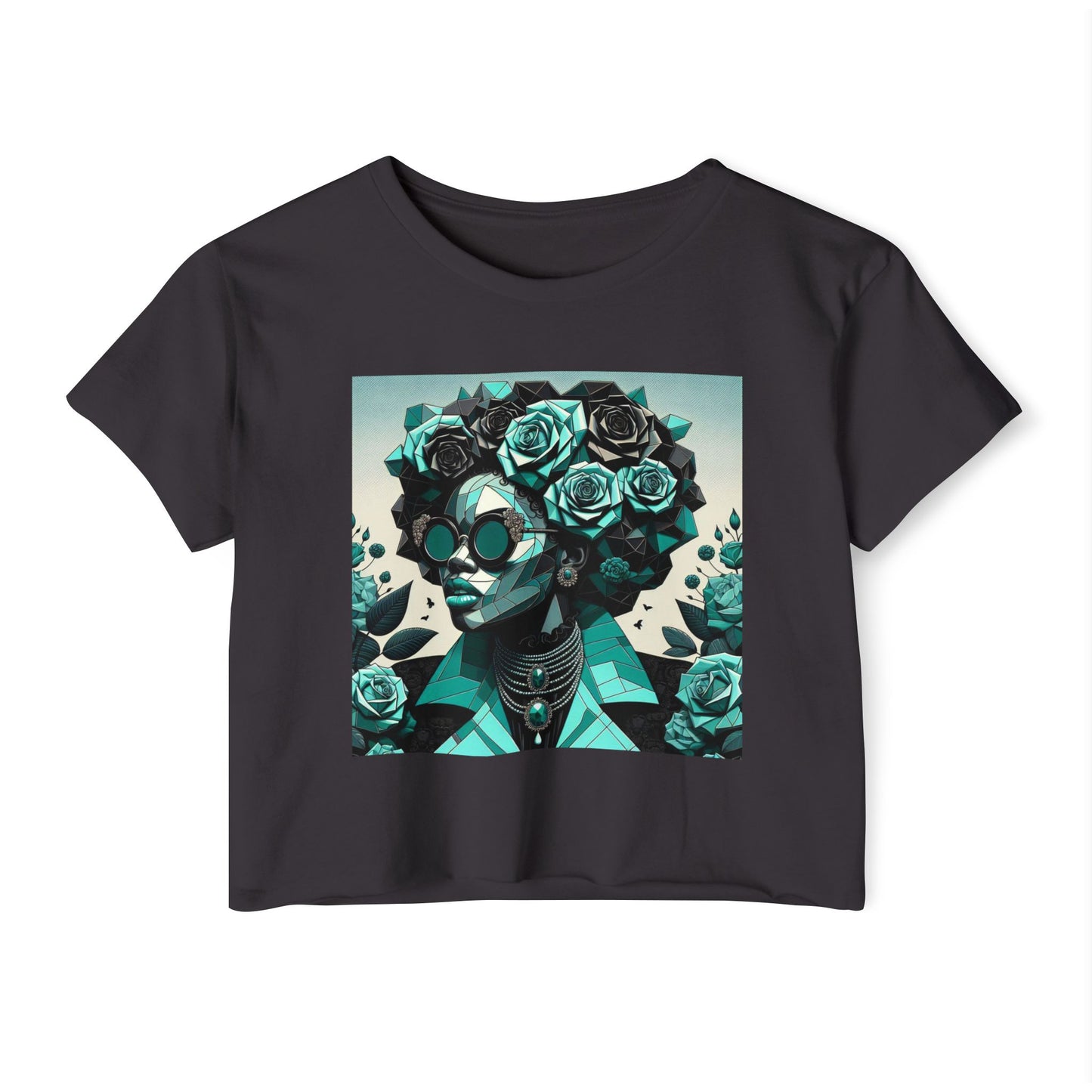 Women's Festival Crop Top with Artistic Floral Design, Boho Clothing, Trendy Summer Style, Perfect for Music Festivals - Turquoise & Black Roses Lady