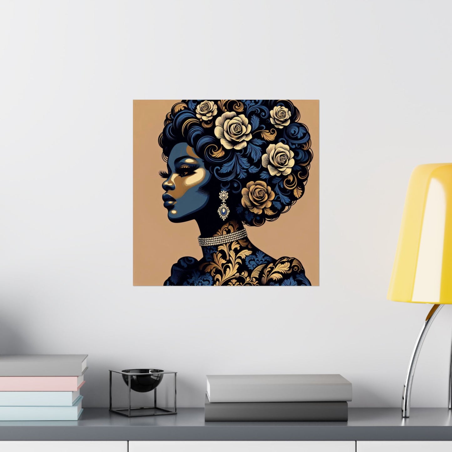 Floral Art Poster - Elegant Matte Vertical Wall Decor - Blue Damask Lady