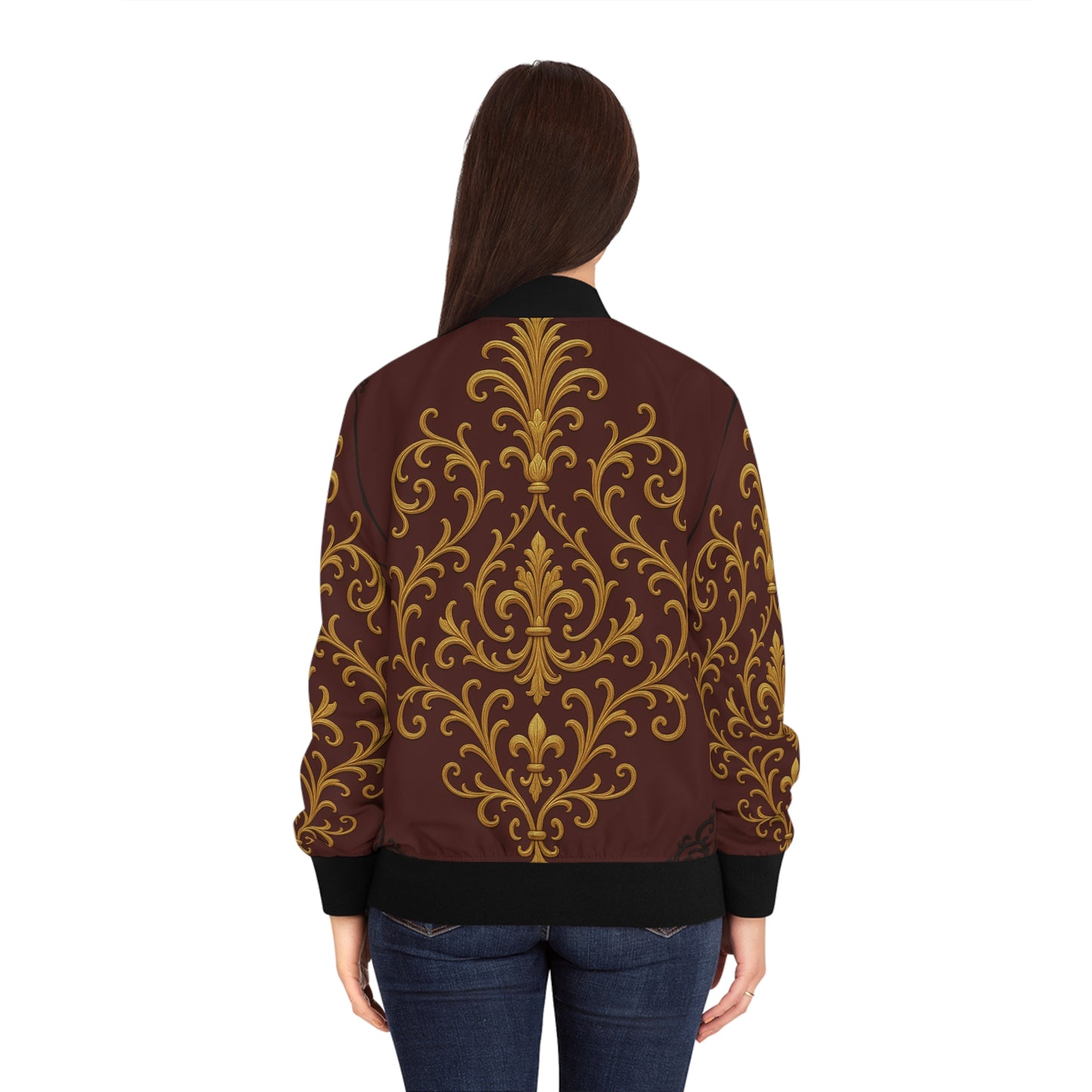 Dusk Burgundy-Black & Gold Baroque Women's Bomber Jacket — Baroque Gold Scroll All-Over Print