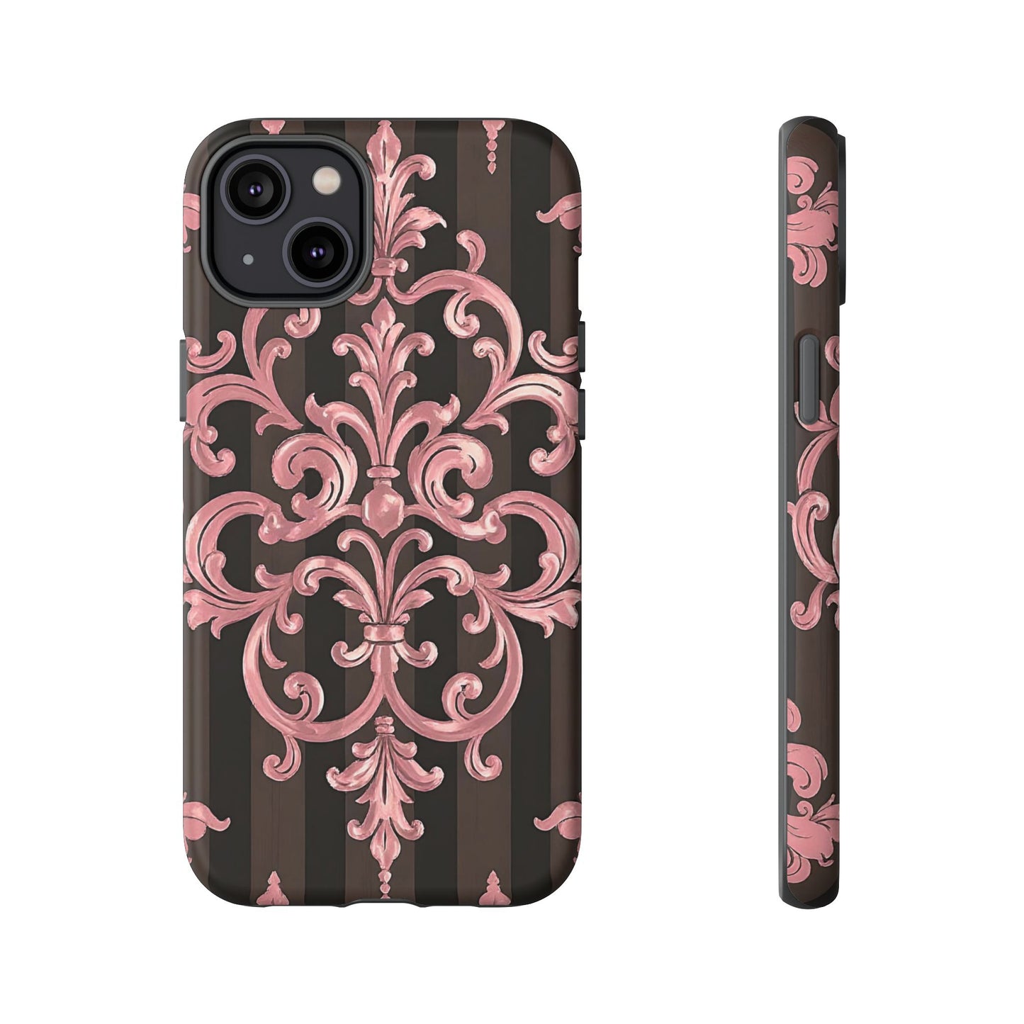 Elegant Floral Motif Phone Case - Tough Cases with Vintage Design - Brown Striped Mauve Damask