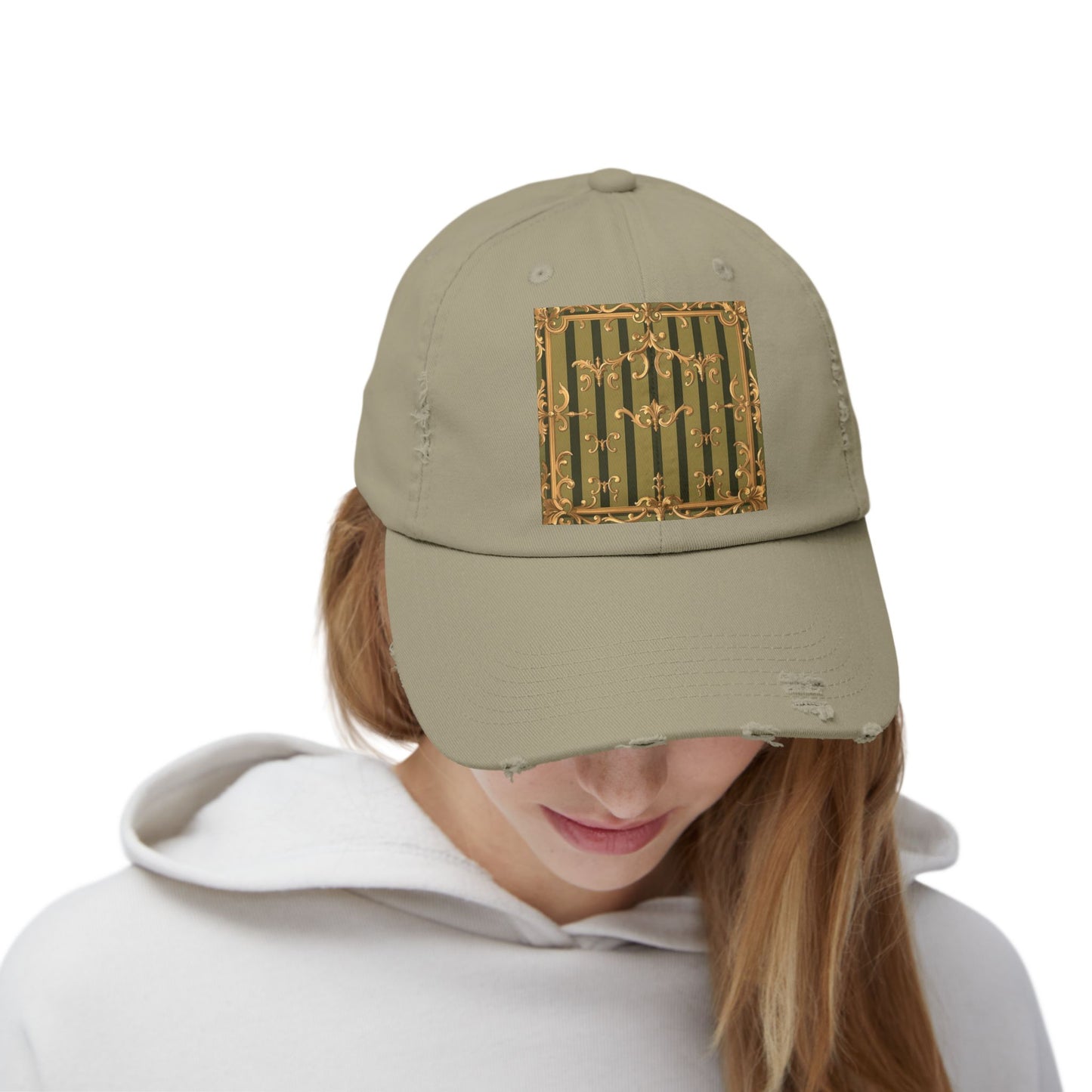 Vintage Distressed Cap with Elegant Gold Design, Fashionable Unisex Hat for Casual Outings - Olive Green Striped Rococo