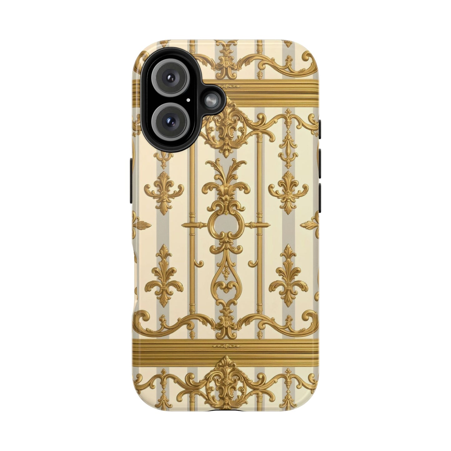 Elegant Gold Pattern Tough Phone Cases | Stylish Phone Covers, Trendy Cell Phone Accessories - Matte Gray & Cream Striped Gold Baroque