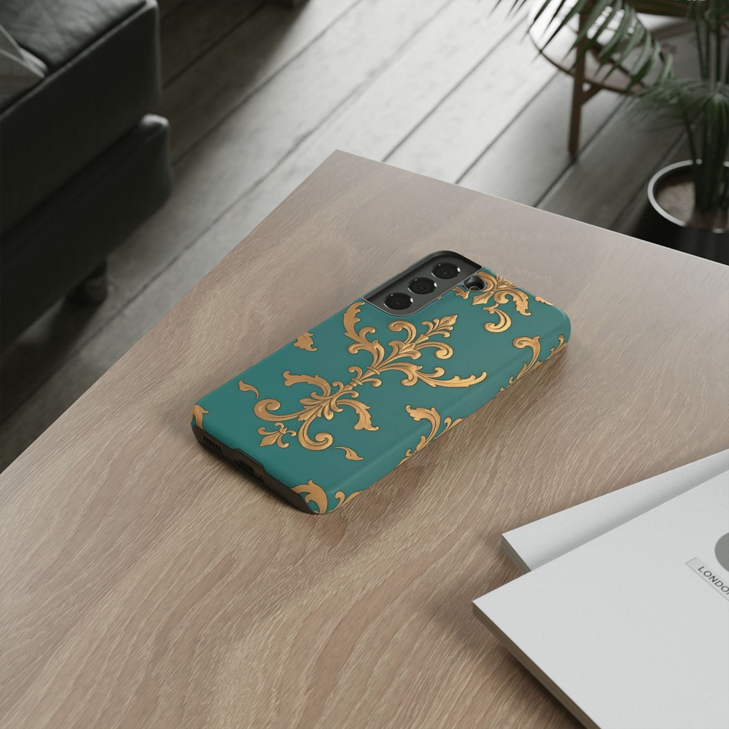 Elegant Floral Motif Phone Case - Tough Cases with Vintage Design - Aqua & Gold Damask