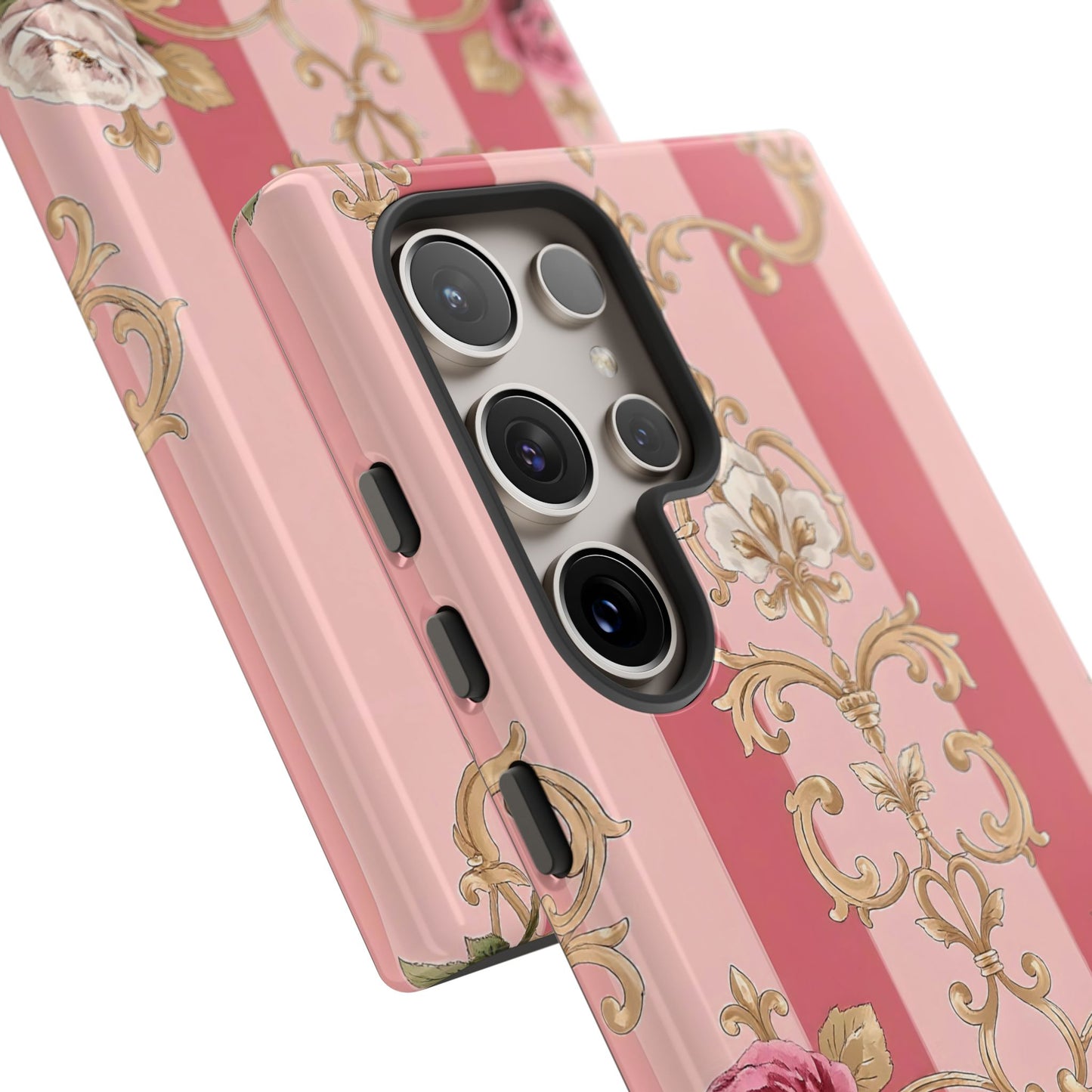 Elegant Floral Motif Phone Case - Tough Cases with Vintage Design - Pink Striped Roses & Damask