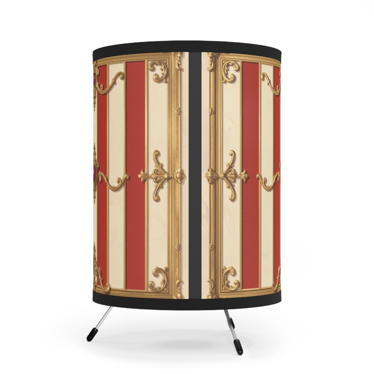 Vintage-Inspired Tripod Lamp with Elegant High-Res Print Shade - Alabaster & Dusk Orange Striped Baroque