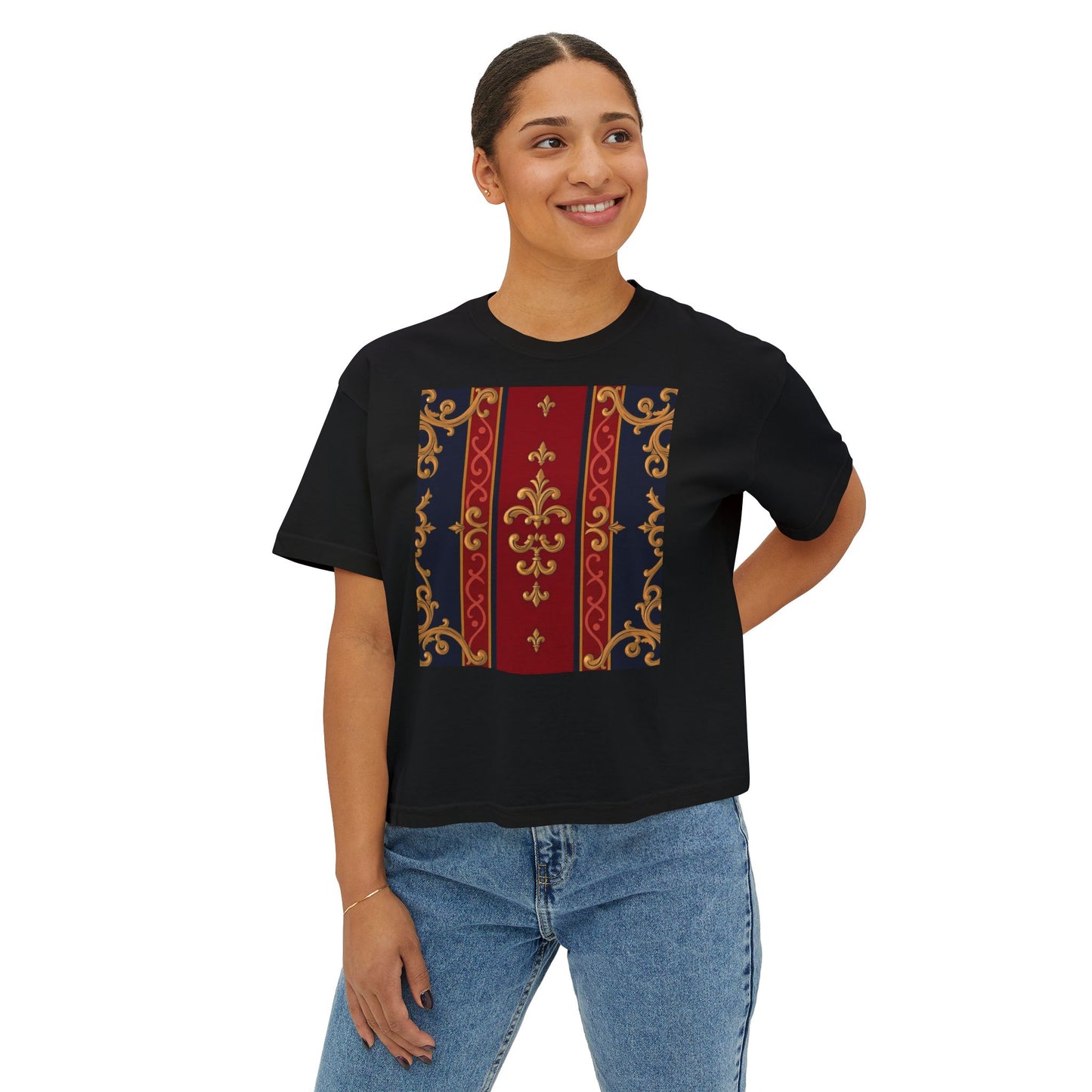 Elegant Floral Boxy Tee, Casual Women’s T-Shirt, Vintage Inspired Top, Everyday Fashion, Gift for Her - Midnight Blue & Dusk Red Gold Baroque