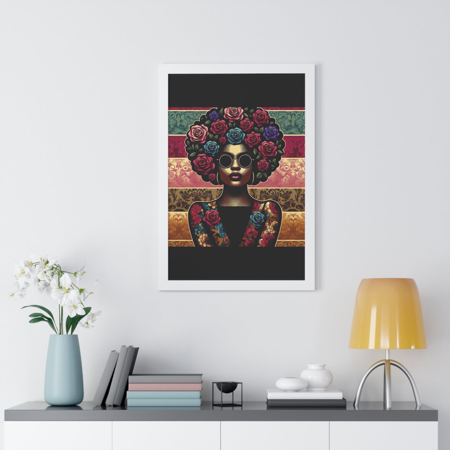 Vertical Poster Lady In Damask & Roses Wall Art
