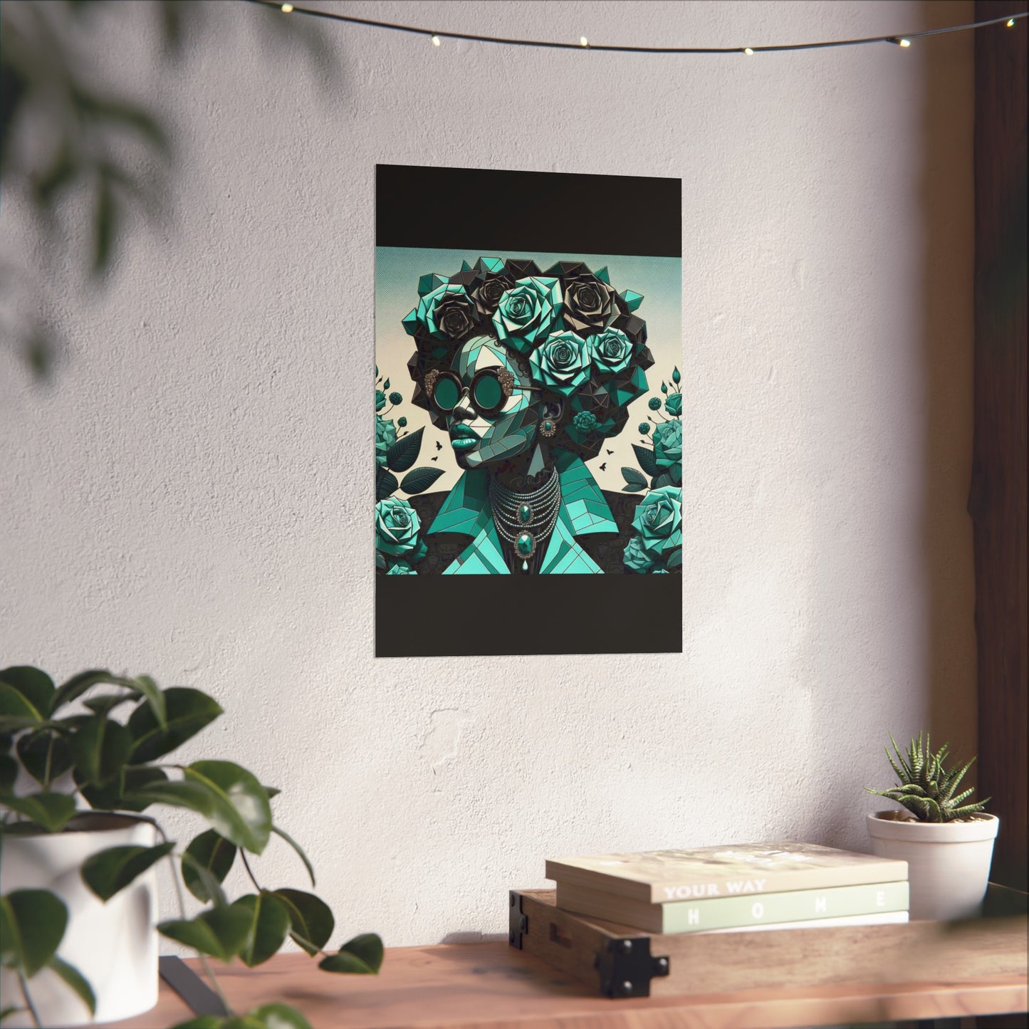 Chic Floral Fine Art Poster | Modern Wall Decor, Home Aesthetic, Gift for Art Lovers, Unique Room Makeover - Turquoise & Black Roses Lady