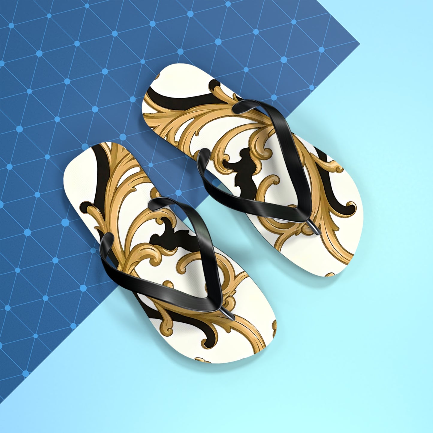 Elegant Floral Flip Flops, Beach Sandals, Summer Casual Footwear, Vacation Essentials, Poolside Accessories, Gift for Her - Black & Gold Rococo