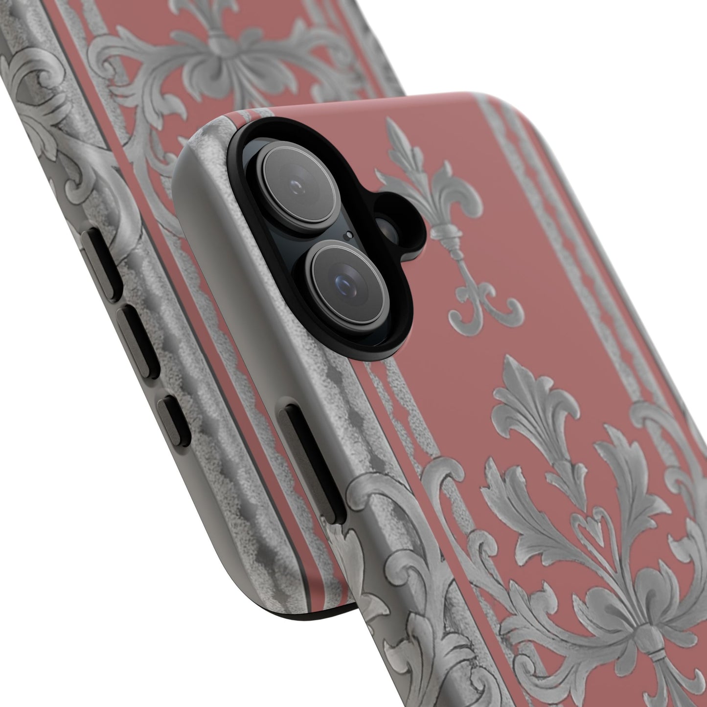 Elegant Floral Phone Case - Tough Cases for Stylish Protection - Gray & Mauve Striped Baroque