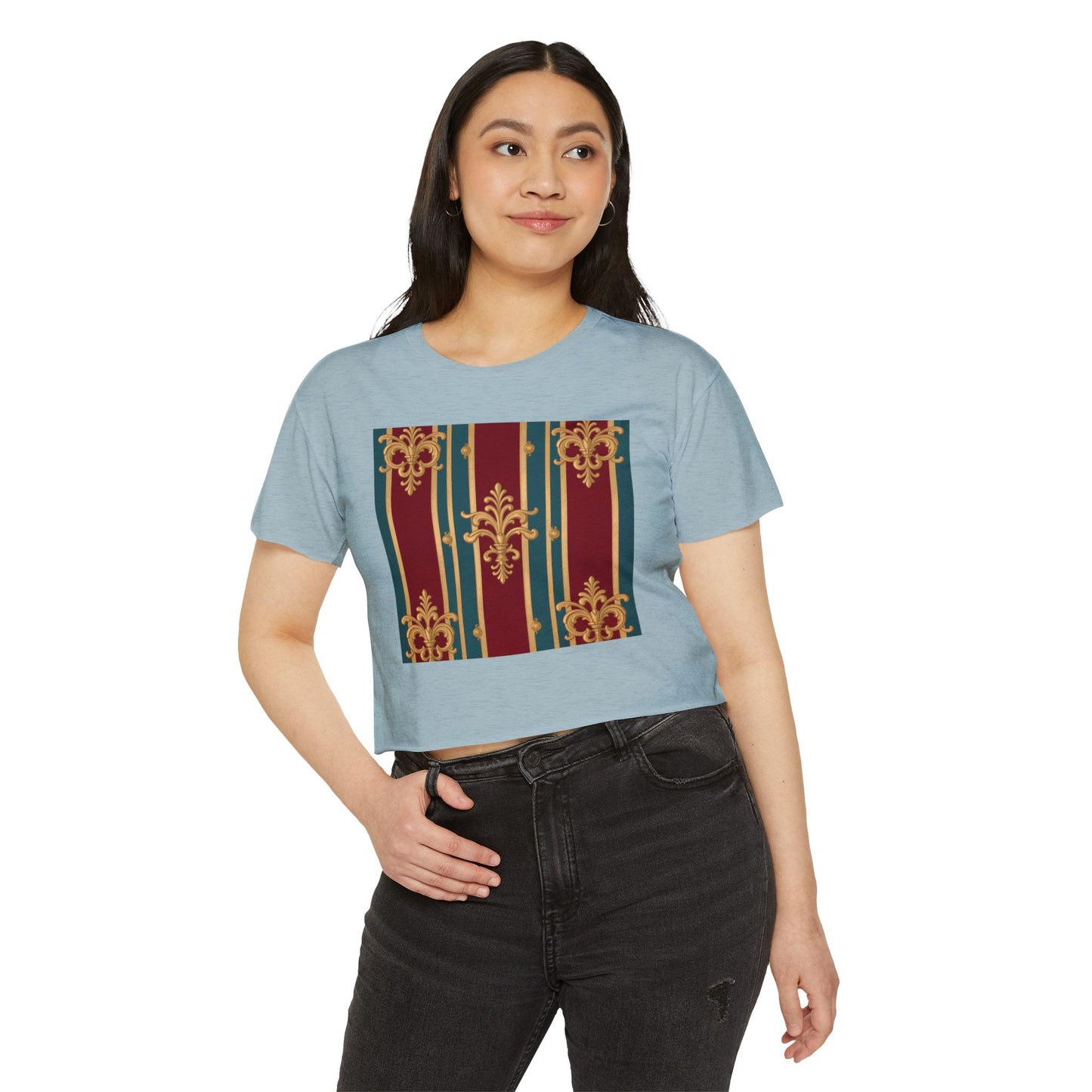 Baroque Chic Festival Crop Top | Women’s Floral Summer Tee, Outdoor Concert Wear, Vacation Top - Burgundy Striped Gold Baroque