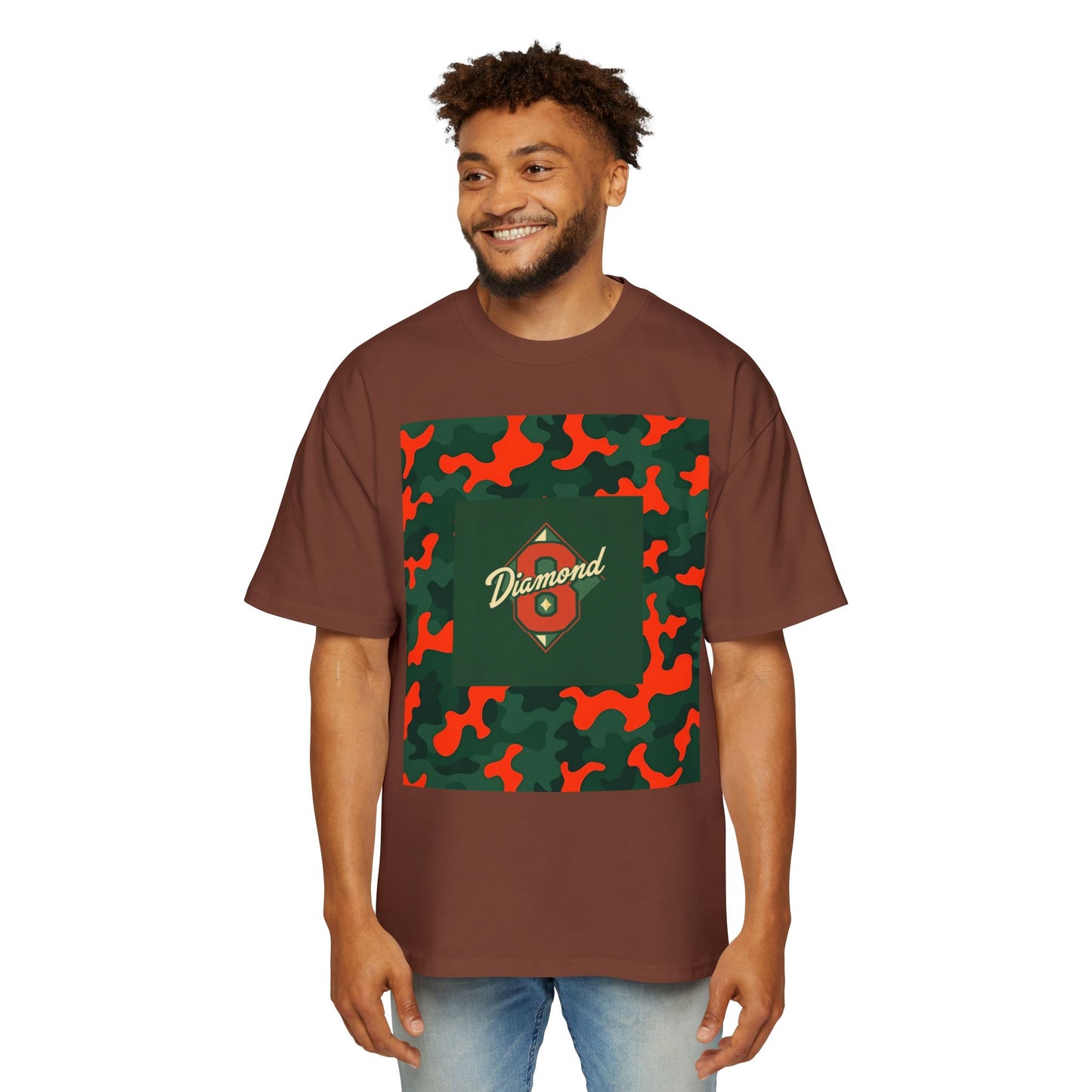 Men's Heavy Oversized Camouflage Tee, Casual Streetwear Shirt, Graphic T-Shirt, Comfortable Everyday Wear, Gift for Him - Green & Orange Camo Diamond 8