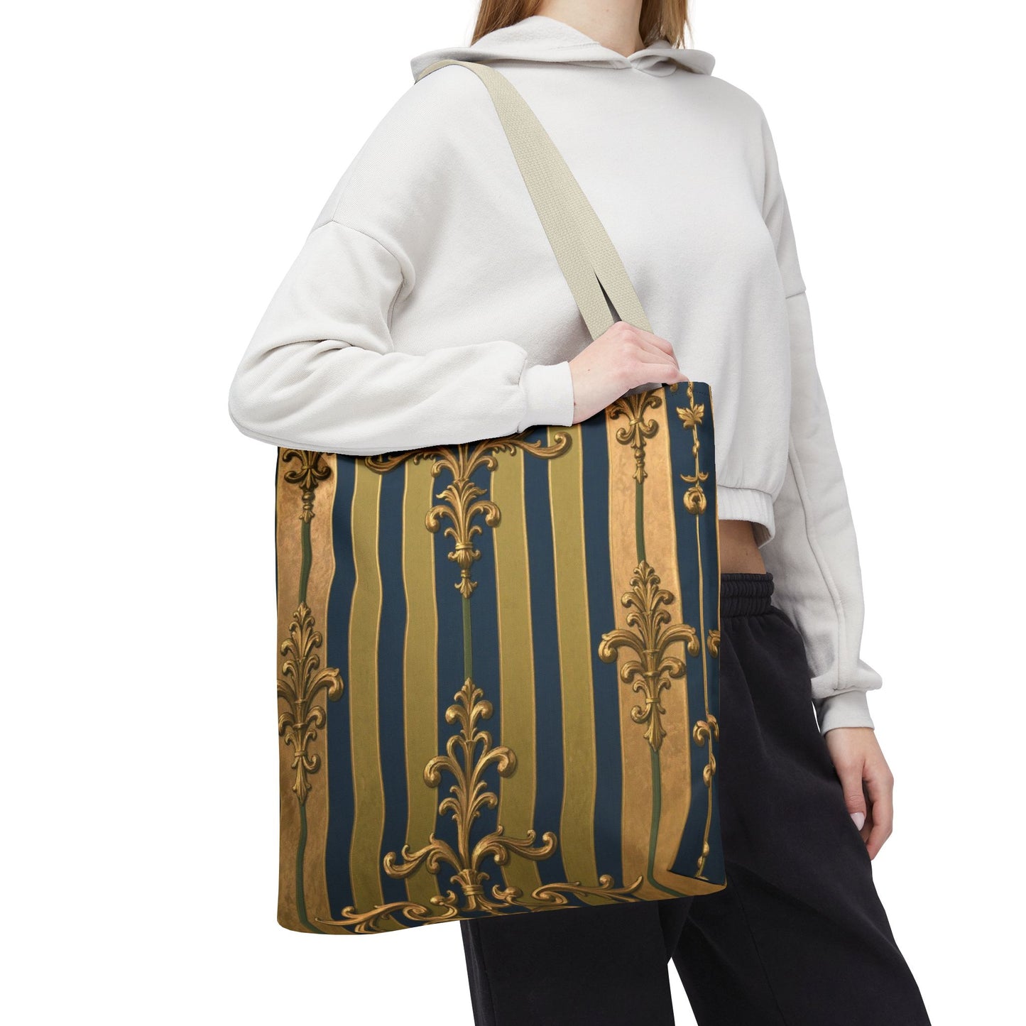 Elegant Midnight Blue & Olive Striped Gold Baroque Golden Striped Tote Bag, Stylish Shopping Bag, Trendy Handbag, Chic Gift for Her