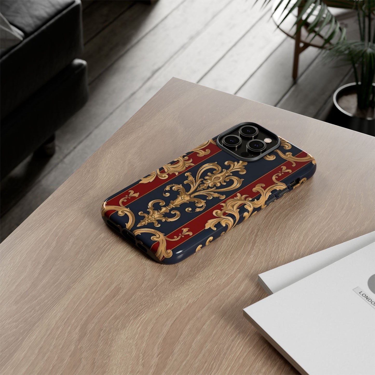 Elegant Floral Motif Phone Case - Tough Cases with Vintage Design - Midnight Blue & Dusk Red Striped Gold Damask