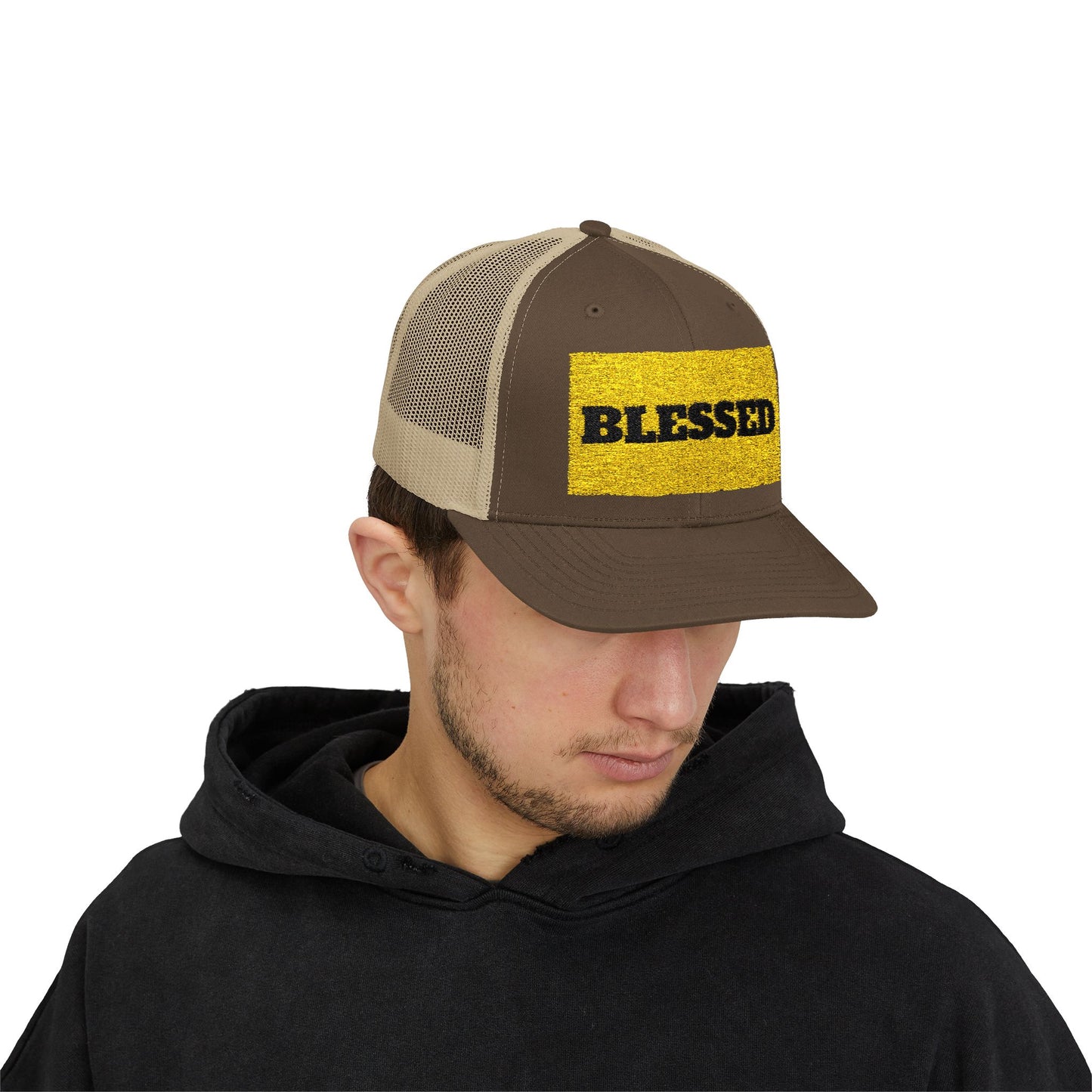 Blessed In Gold Snapback Trucker Cap for Everyday Inspiration, Faith-Based Accessory, Adjustable Hat, Gift for Friends, Motivational Cap