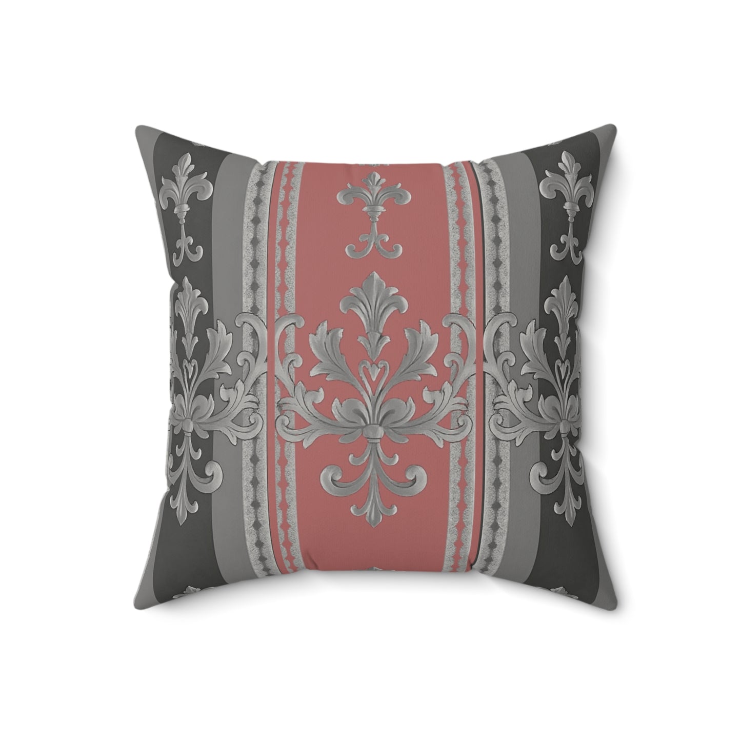 Elegant Faux Suede Square Pillow with Decorative Print - Gray & Mauve Striped Baroque