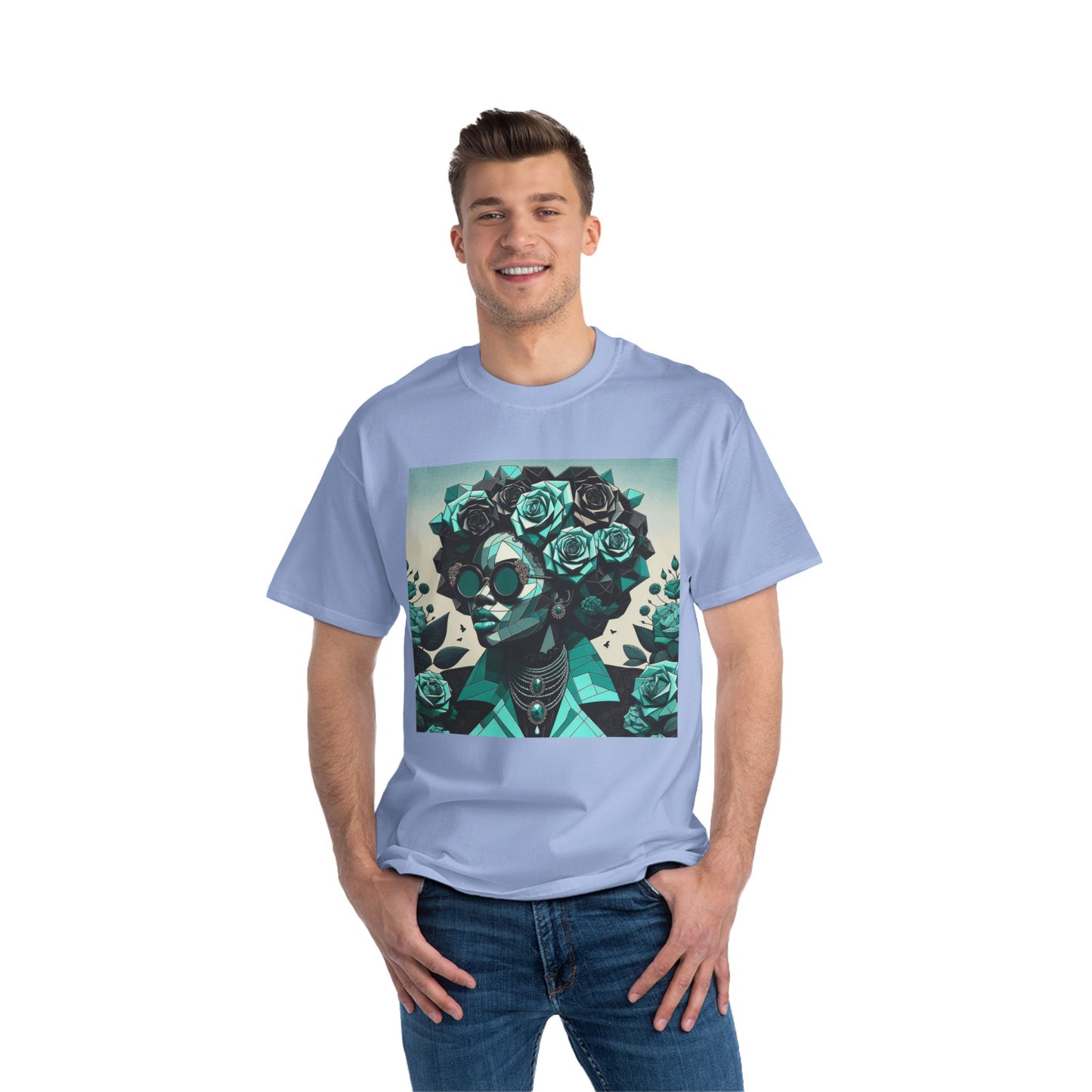 Trendy Floral Graphic Tee | Artistic Short-Sleeve Shirt, Fashionable Summer Top, Chic Gift for Her - Turquoise & Black Roses Lady