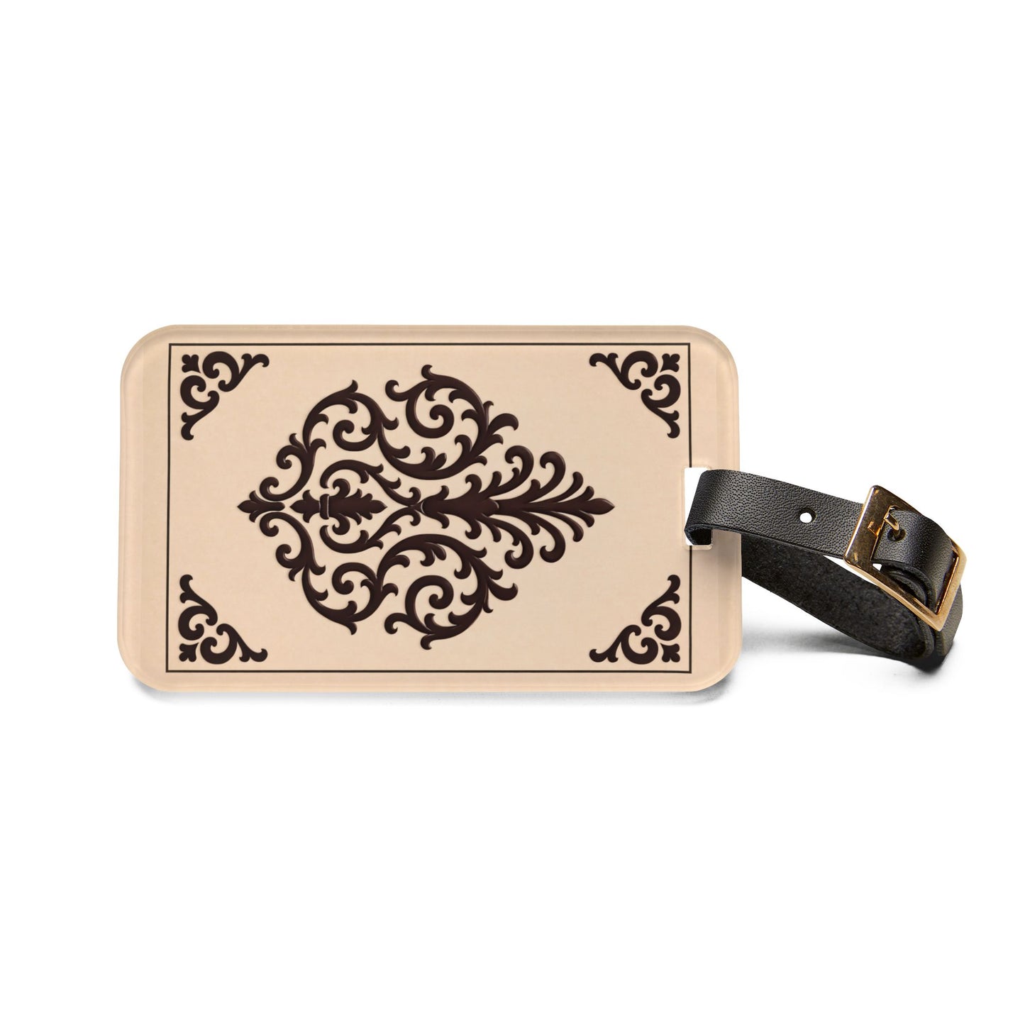 Almond-Beige & Brown Baroque Luggage Tag – Elegant Monogram-Style Travel ID